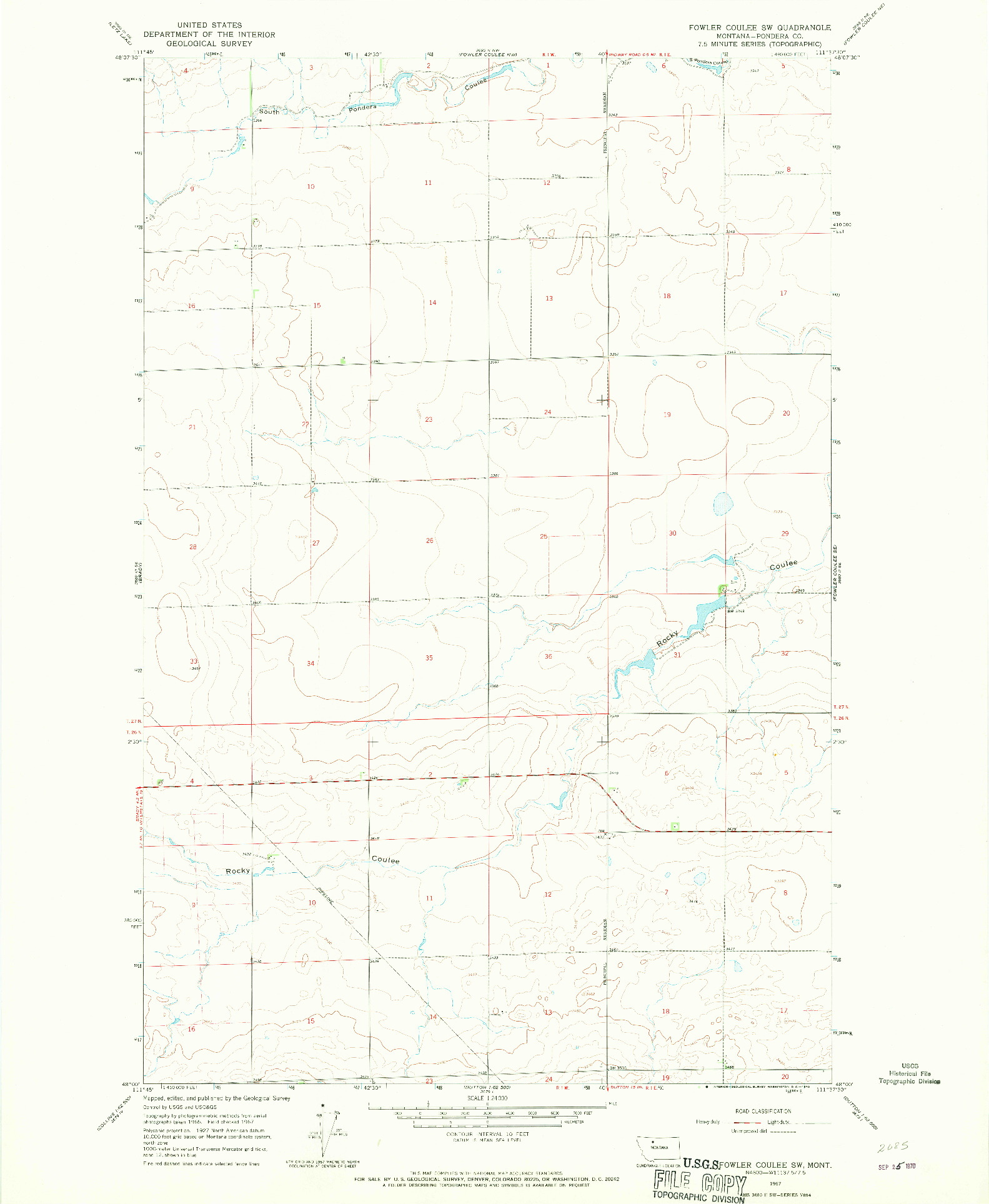 USGS 1:24000-SCALE QUADRANGLE FOR FOWLER COULEE SW, MT 1967