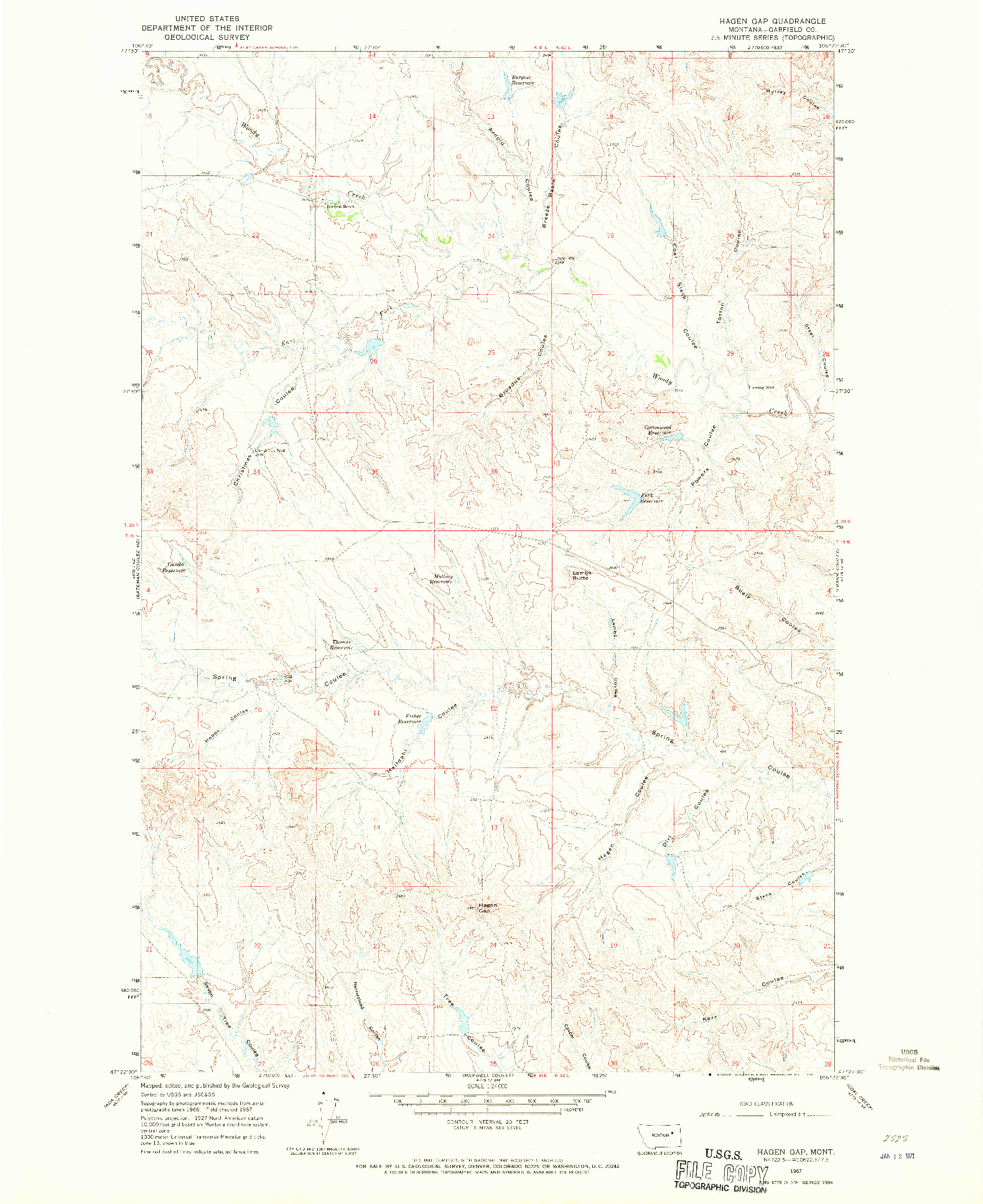 USGS 1:24000-SCALE QUADRANGLE FOR HAGEN GAP, MT 1967