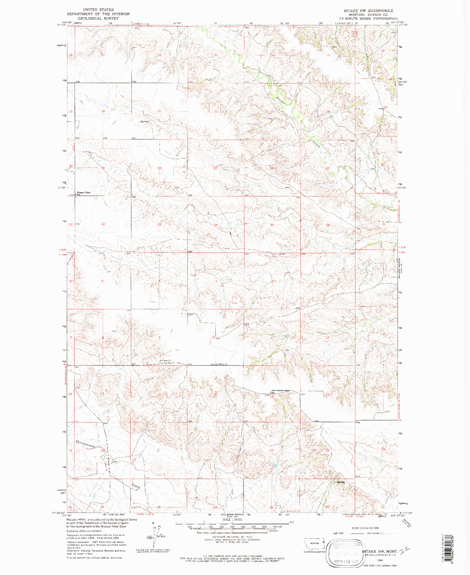 USGS 1:24000-SCALE QUADRANGLE FOR INTAKE NW, MT 1966