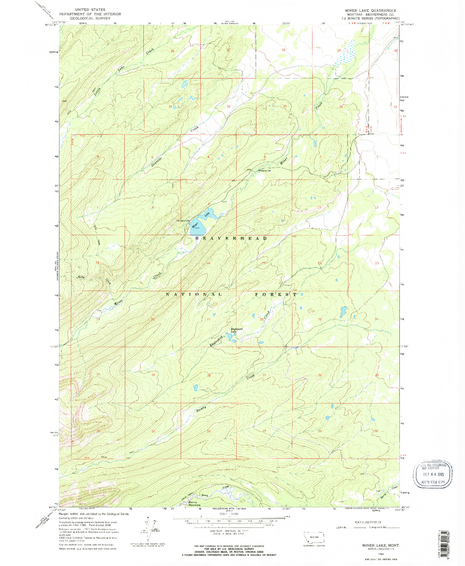 USGS 1:24000-SCALE QUADRANGLE FOR MINER LAKE, MT 1966