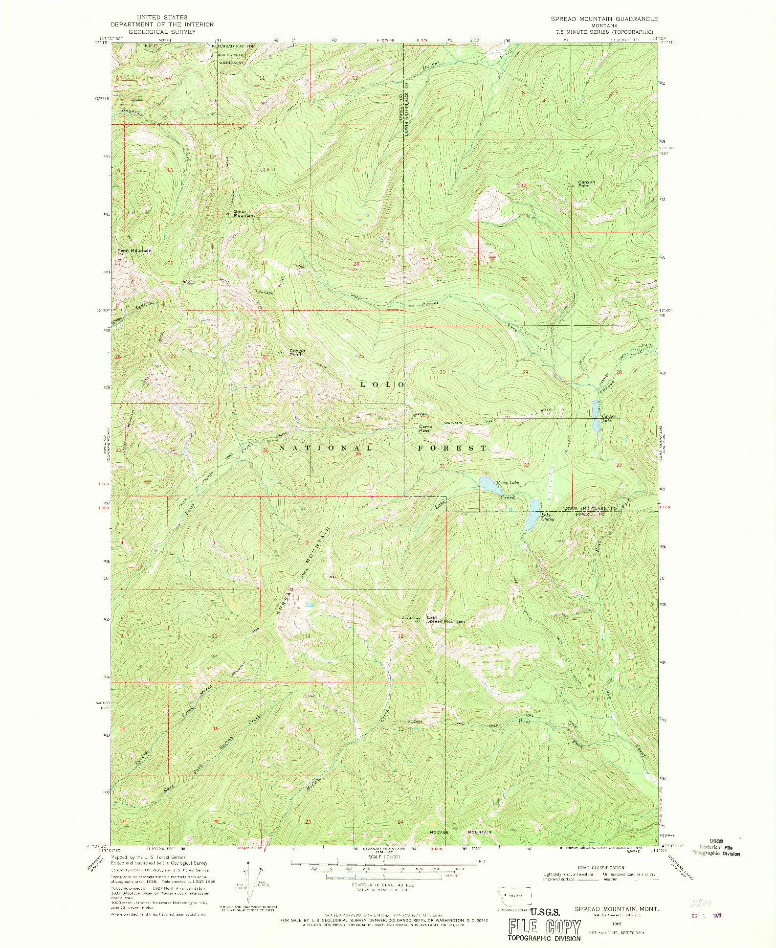 USGS 1:24000-SCALE QUADRANGLE FOR SPREAD MOUNTAIN, MT 1968