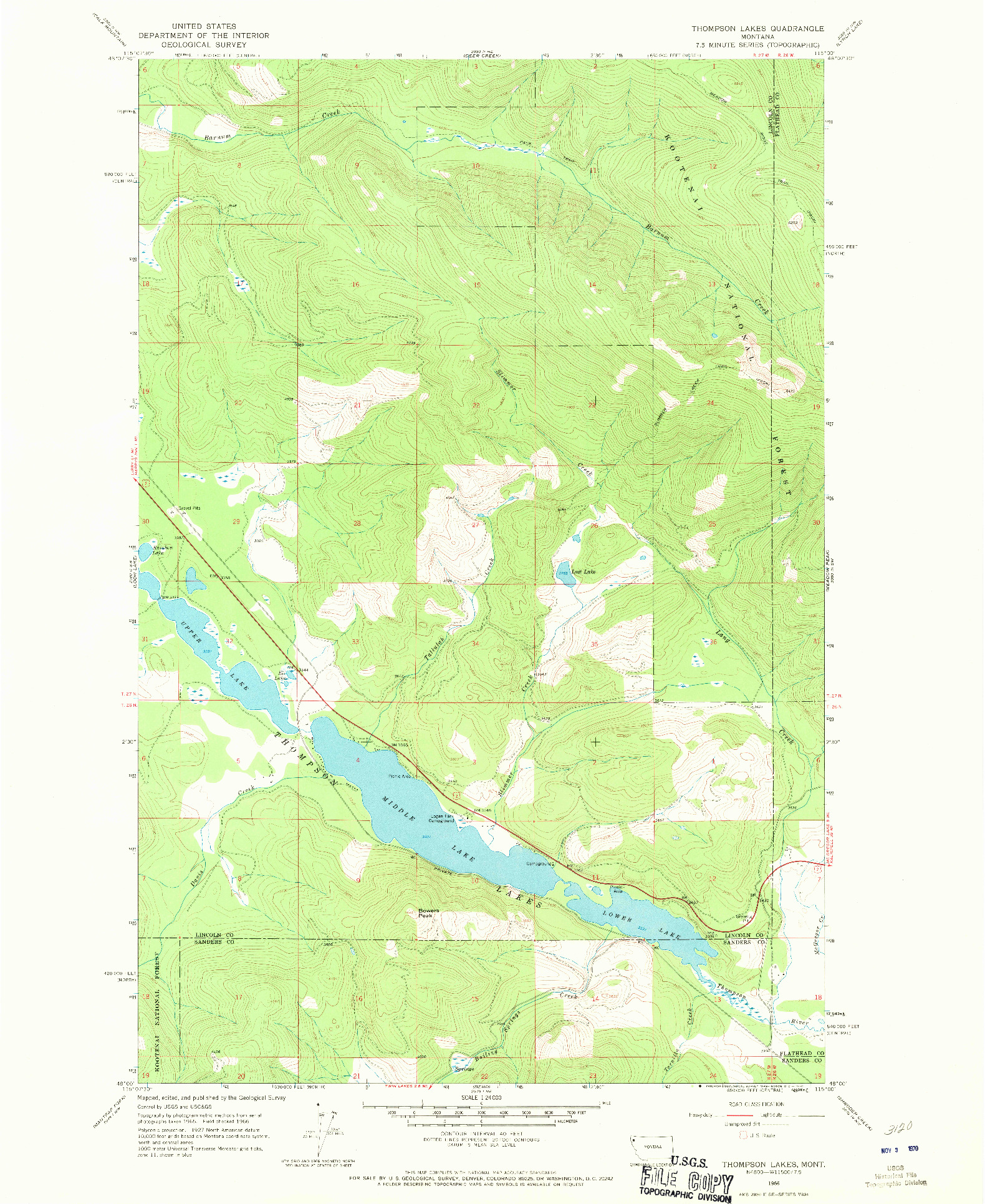 USGS 1:24000-SCALE QUADRANGLE FOR THOMPSON LAKES, MT 1966