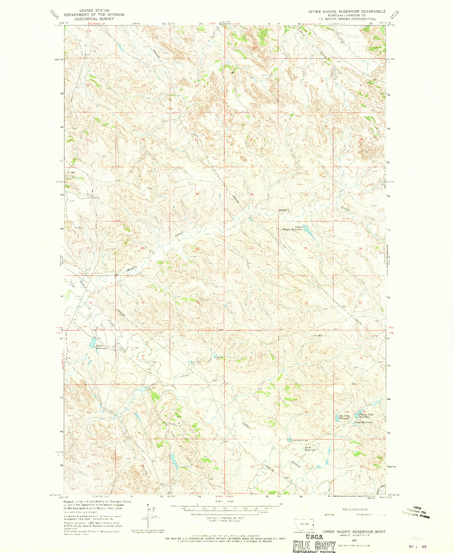 USGS 1:24000-SCALE QUADRANGLE FOR UPPER MAGPIE RESERVOIR, MT 1967