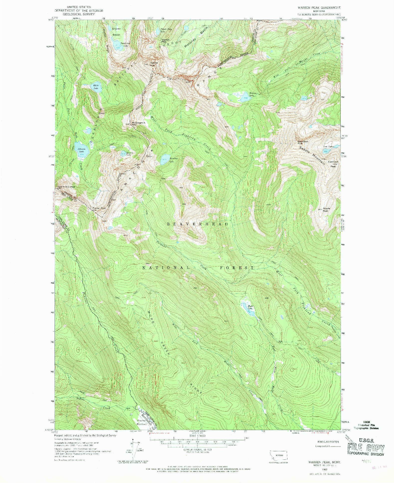 USGS 1:24000-SCALE QUADRANGLE FOR WARREN PEAK, MT 1962