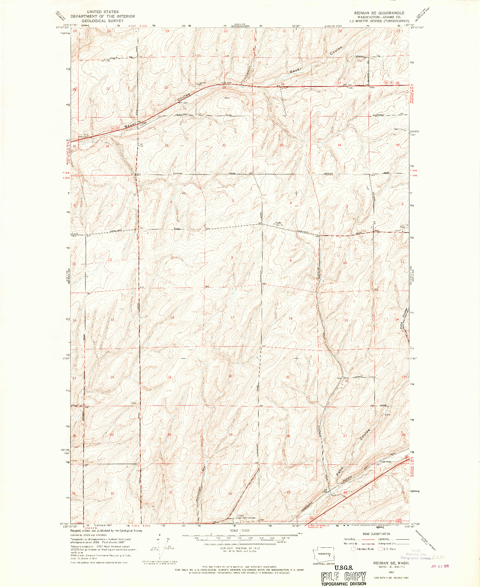 USGS 1:24000-SCALE QUADRANGLE FOR REIMAN SE, WA 1967