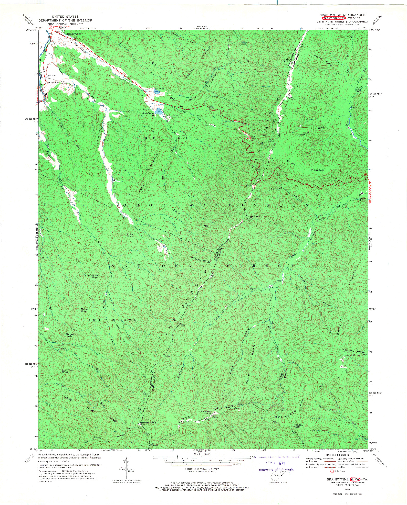 USGS 1:24000-SCALE QUADRANGLE FOR BRANDYWINE, WV 1969
