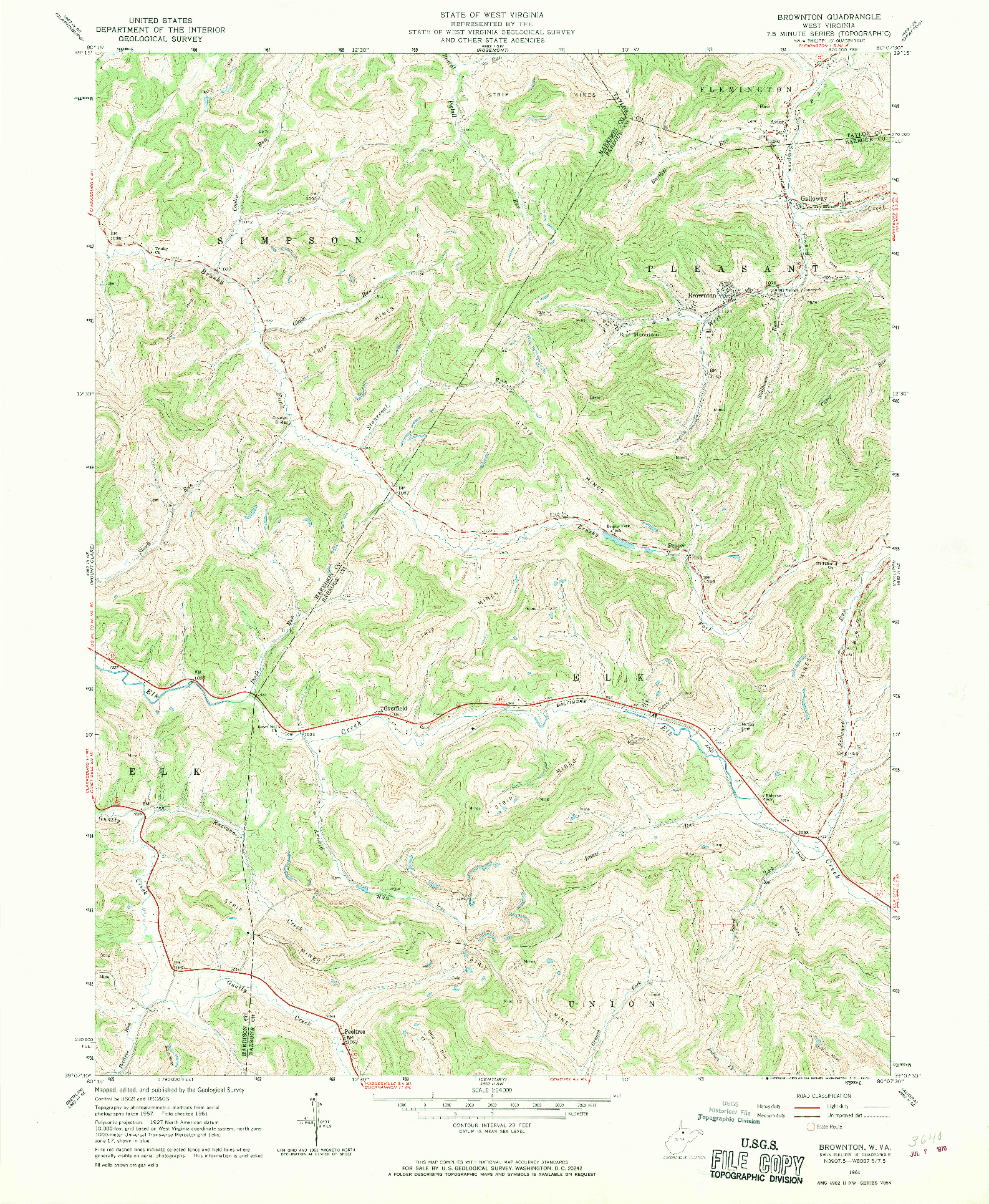 USGS 1:24000-SCALE QUADRANGLE FOR BROWNTON, WV 1961