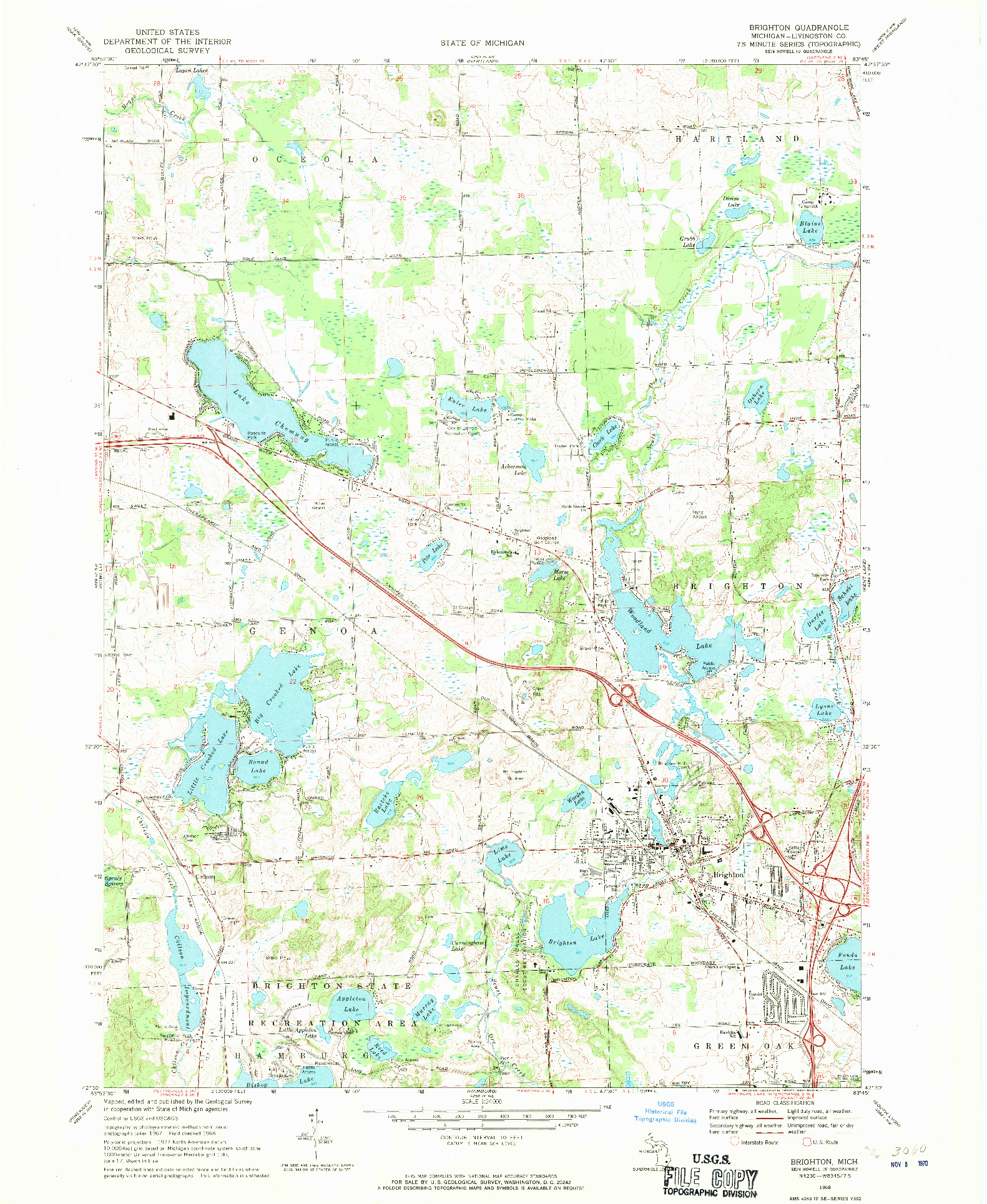 USGS 1:24000-SCALE QUADRANGLE FOR BRIGHTON, MI 1968