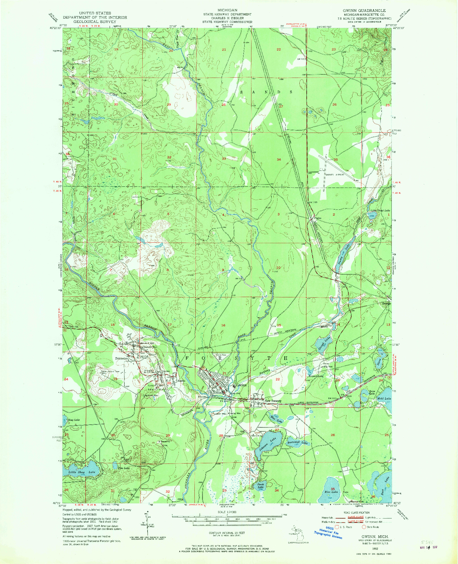 USGS 1:24000-SCALE QUADRANGLE FOR GWINN, MI 1952