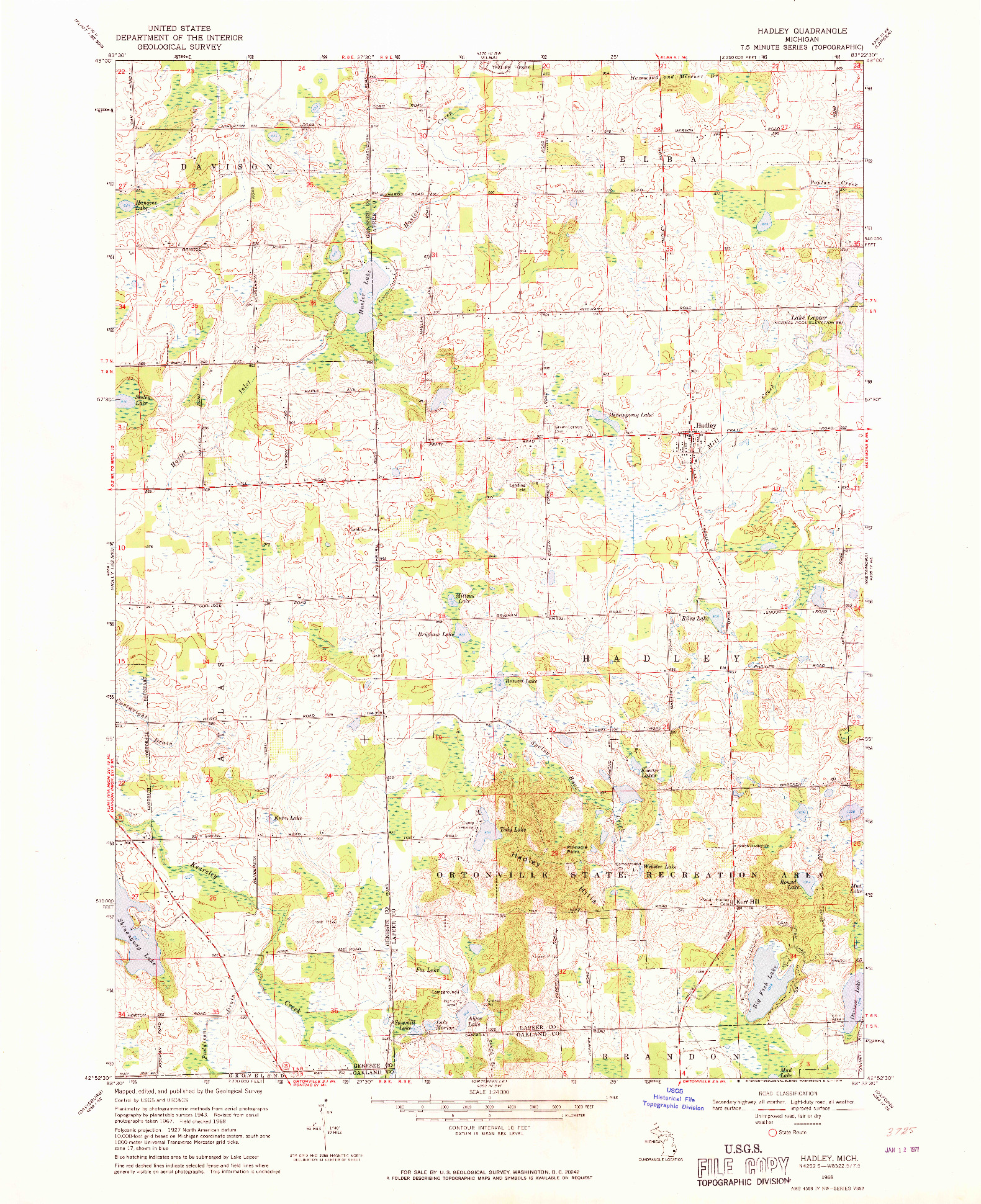 USGS 1:24000-SCALE QUADRANGLE FOR HADLEY, MI 1968