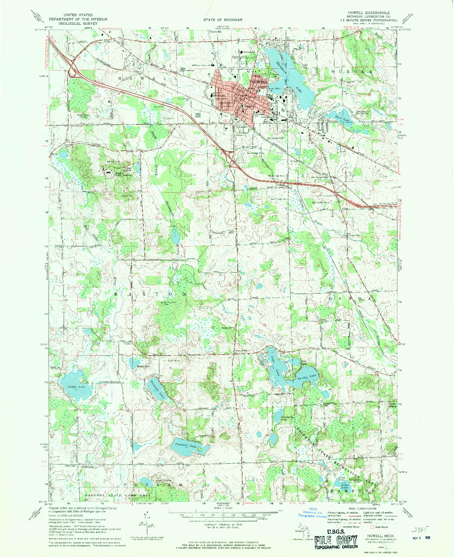 USGS 1:24000-SCALE QUADRANGLE FOR HOWELL, MI 1968
