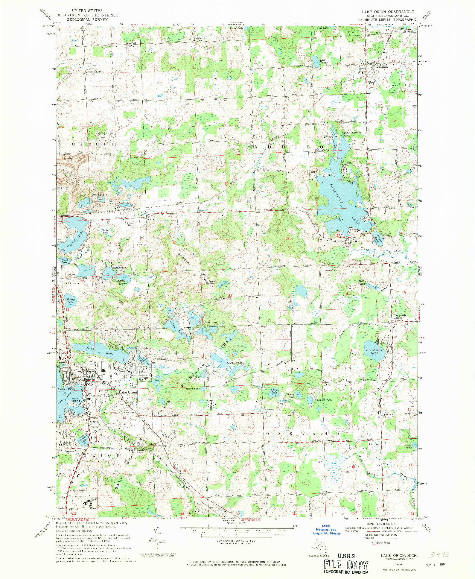 USGS 1:24000-SCALE QUADRANGLE FOR LAKE ORION, MI 1968