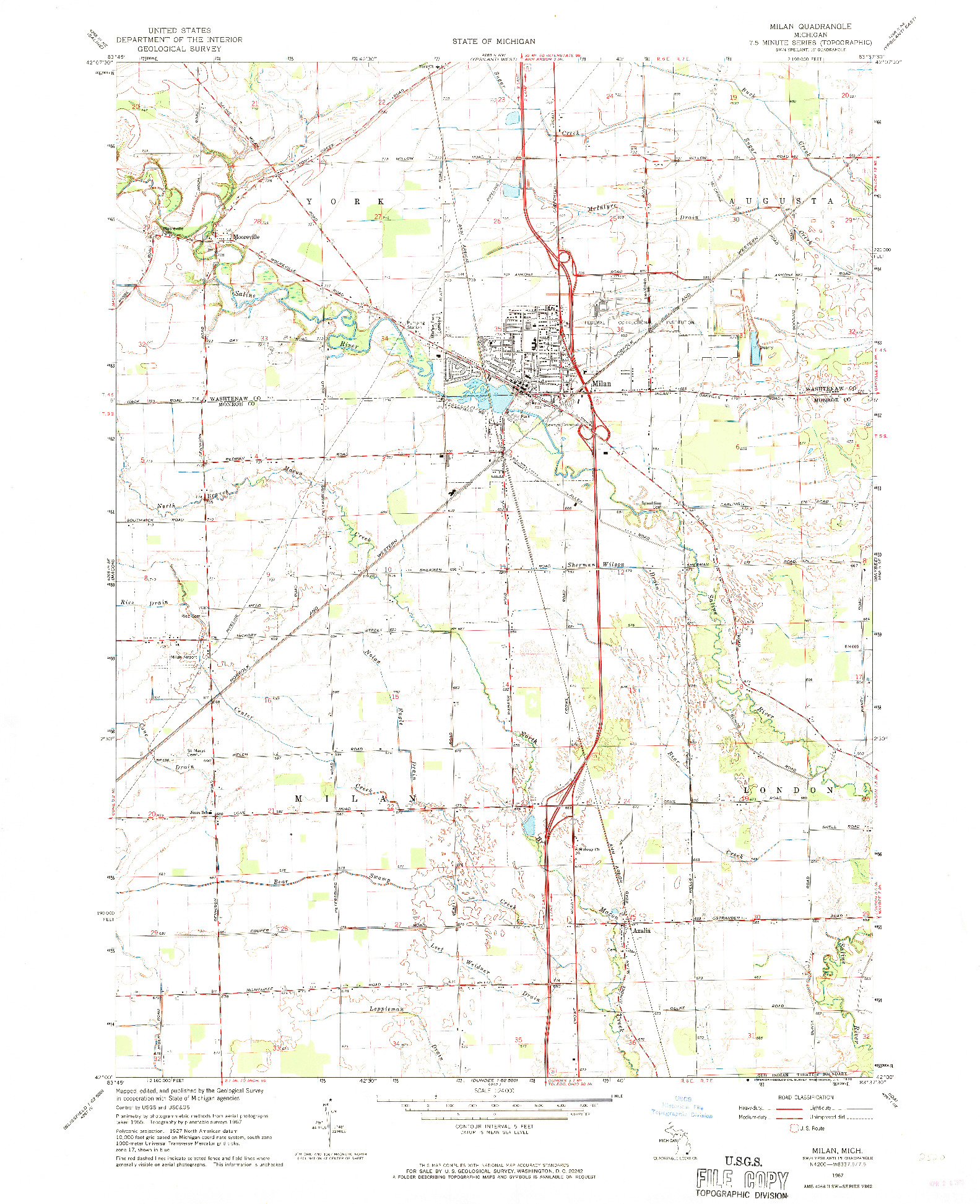 USGS 1:24000-SCALE QUADRANGLE FOR MILAN, MI 1967