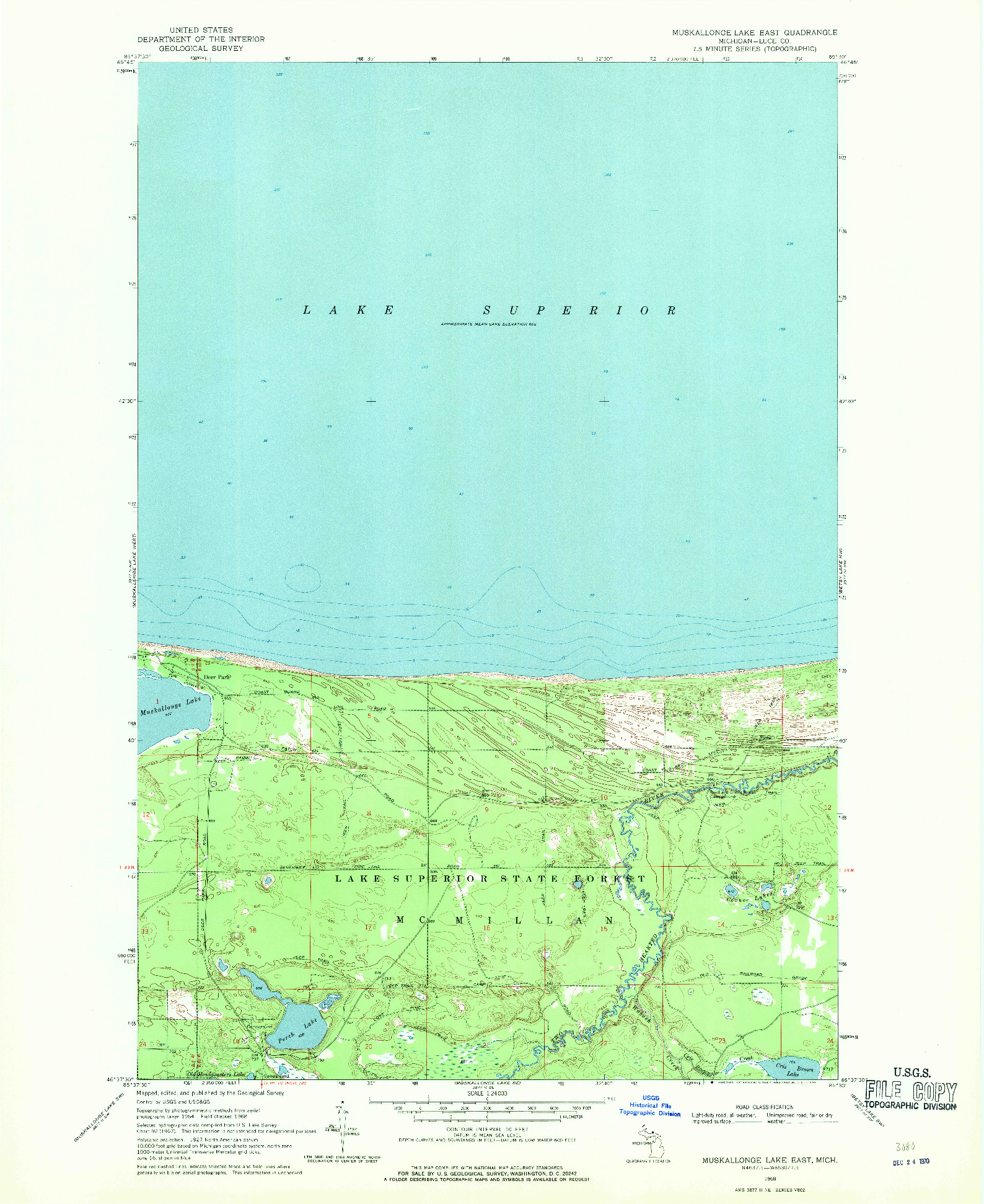 USGS 1:24000-SCALE QUADRANGLE FOR MUSKALLONGE LAKE EAST, MI 1968