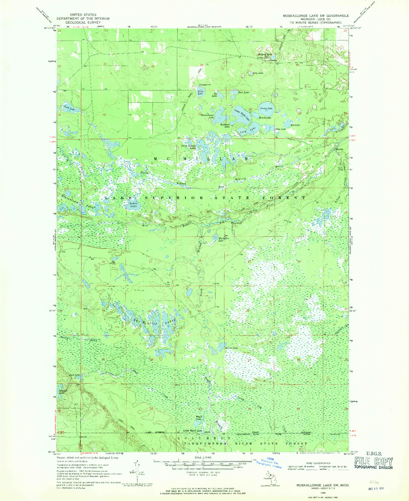 USGS 1:24000-SCALE QUADRANGLE FOR MUSKALLONGE LAKE SW, MI 1968