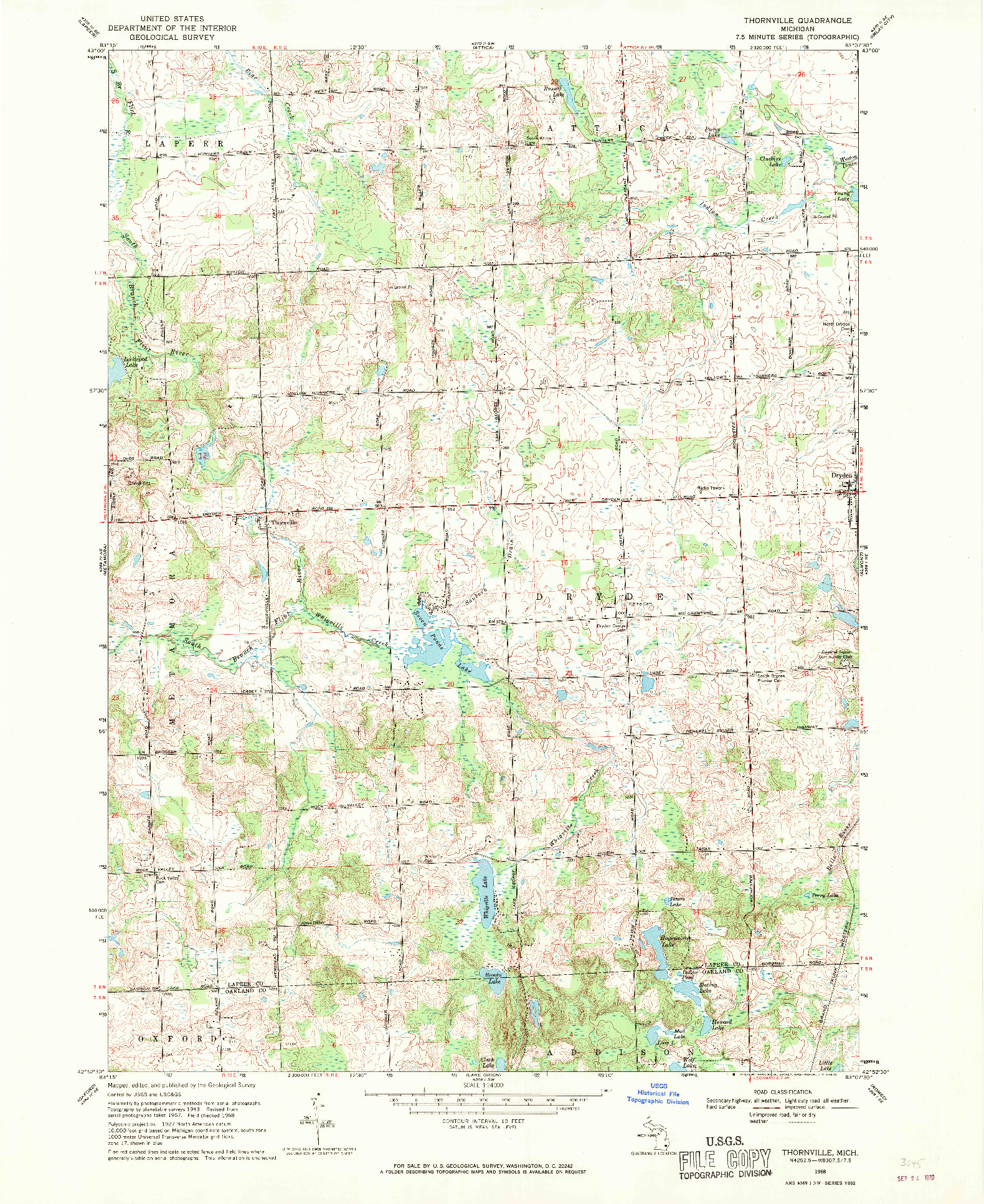 USGS 1:24000-SCALE QUADRANGLE FOR THORNVILLE, MI 1968