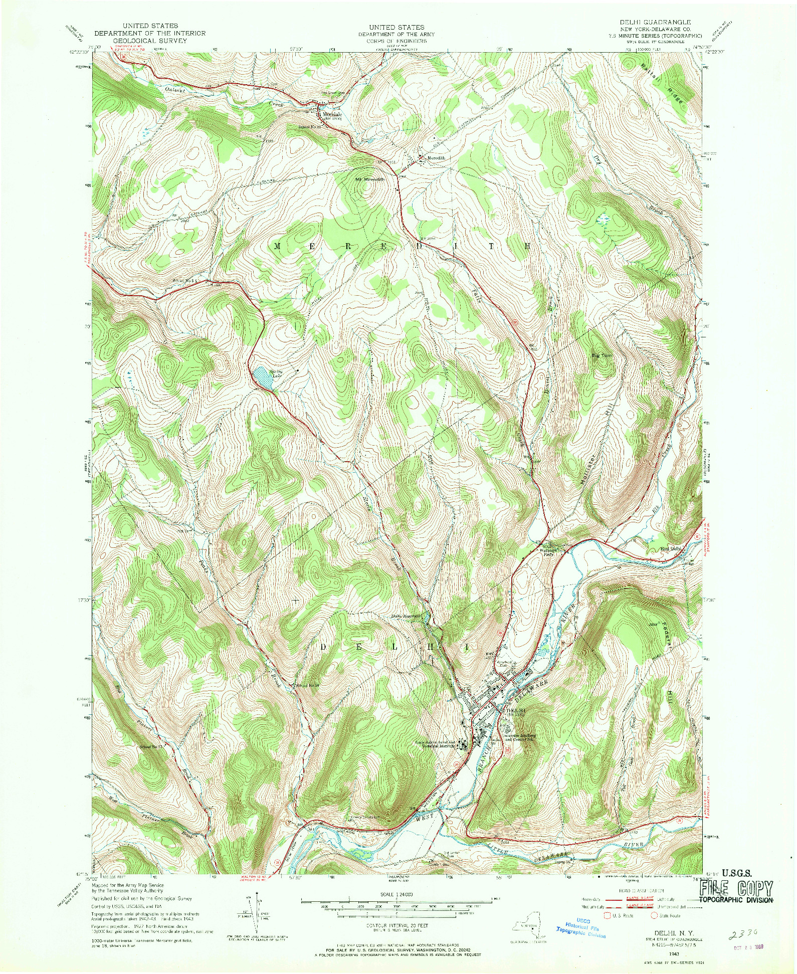 USGS 1:24000-SCALE QUADRANGLE FOR DELHI, NY 1943