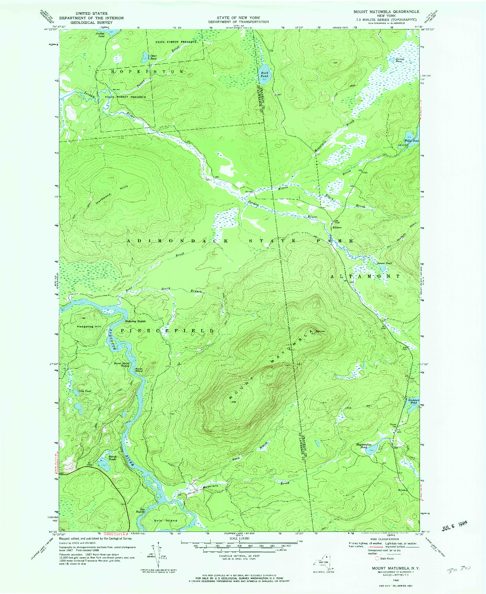 USGS 1:24000-SCALE QUADRANGLE FOR MOUNT MATUMBLA, NY 1968