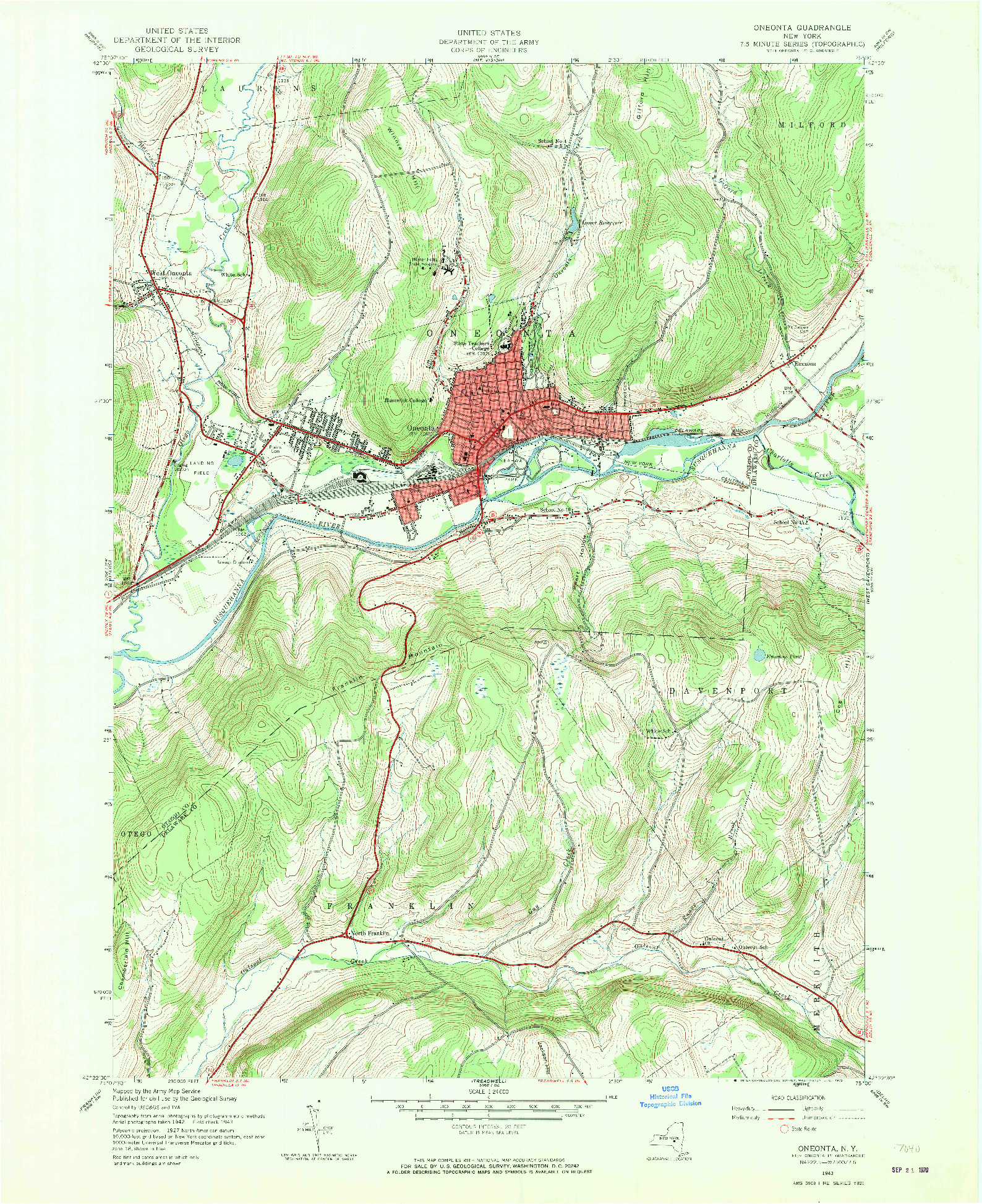 USGS 1:24000-SCALE QUADRANGLE FOR ONEONTA, NY 1943