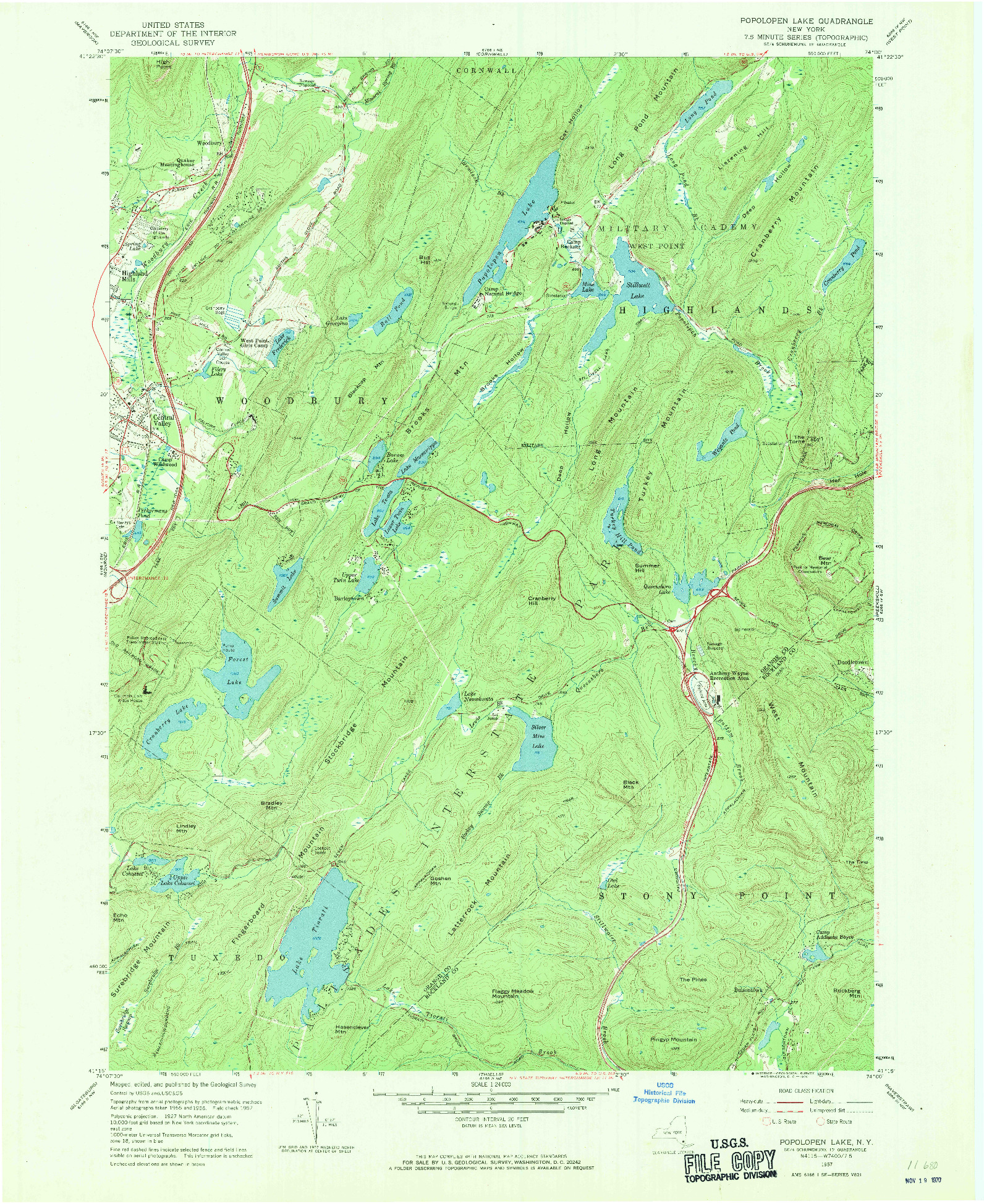 USGS 1:24000-SCALE QUADRANGLE FOR POPOLOPEN LAKE, NY 1957