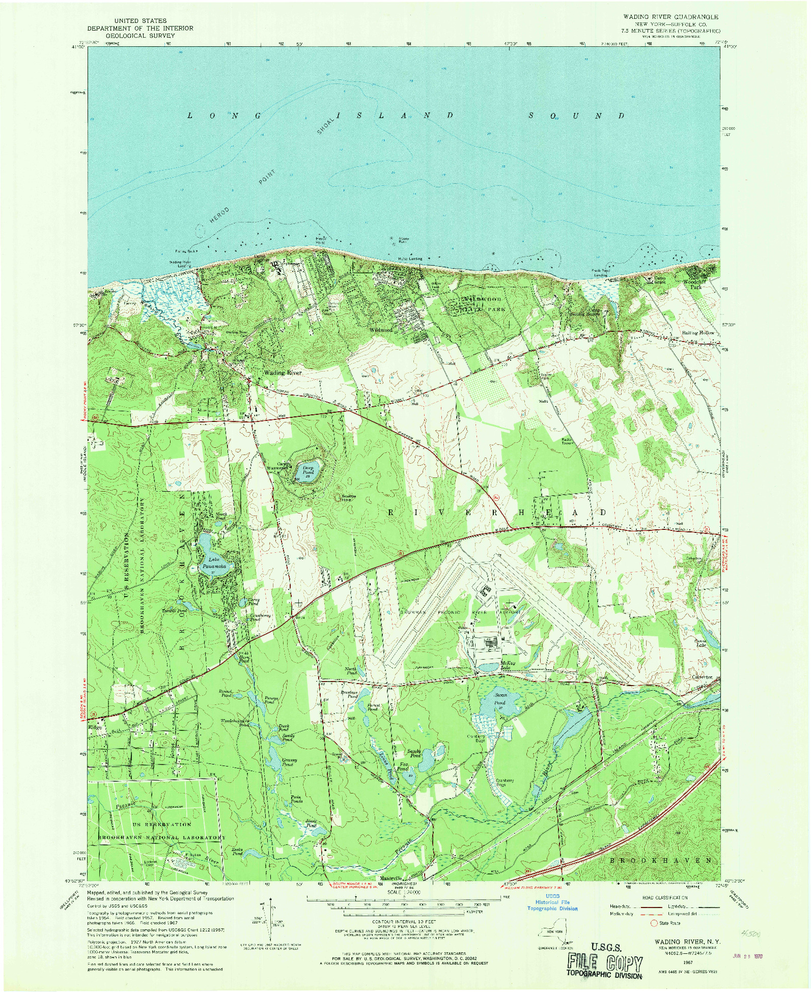 USGS 1:24000-SCALE QUADRANGLE FOR WADING RIVER, NY 1967