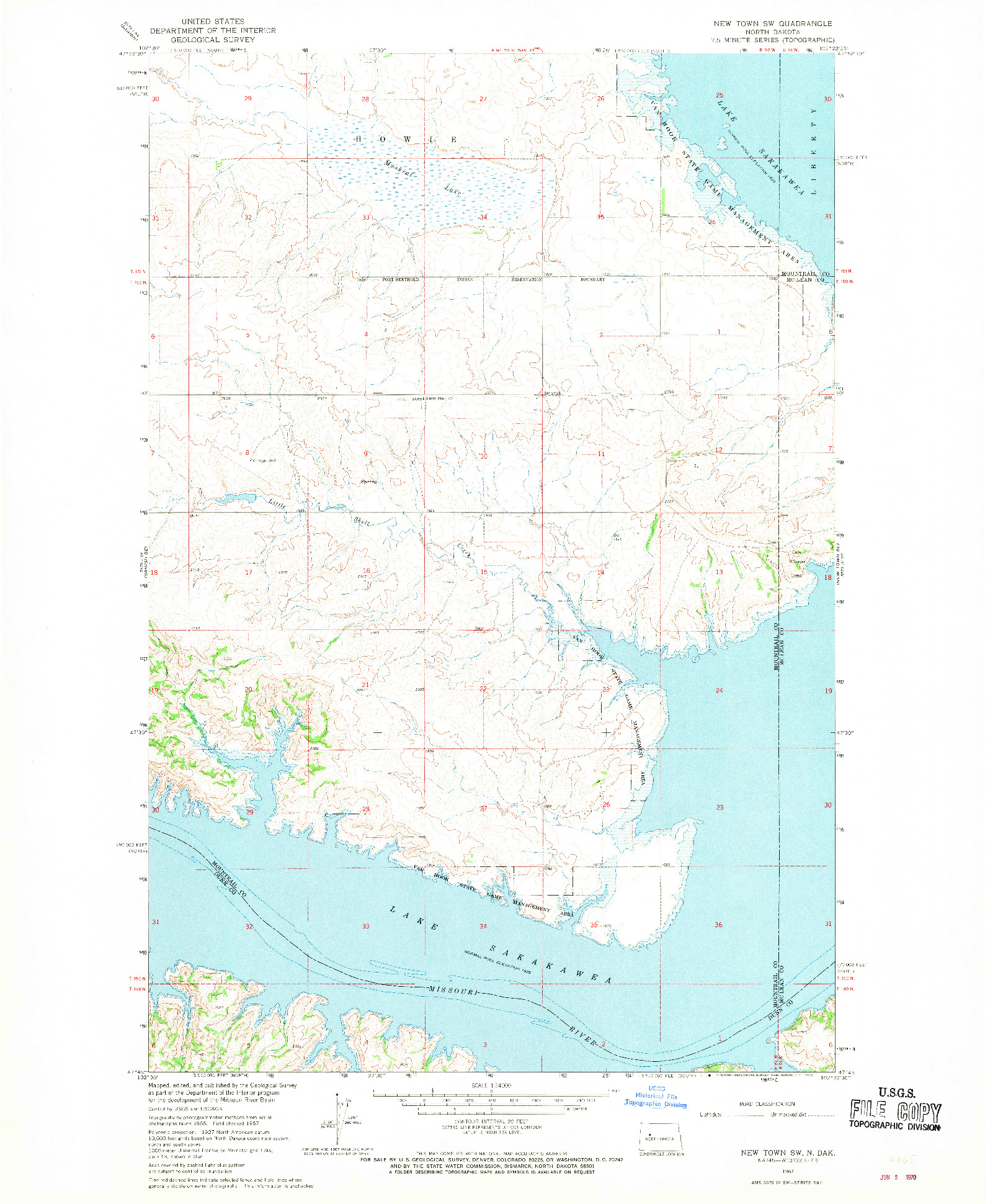 USGS 1:24000-SCALE QUADRANGLE FOR NEW TOWN SW, ND 1967