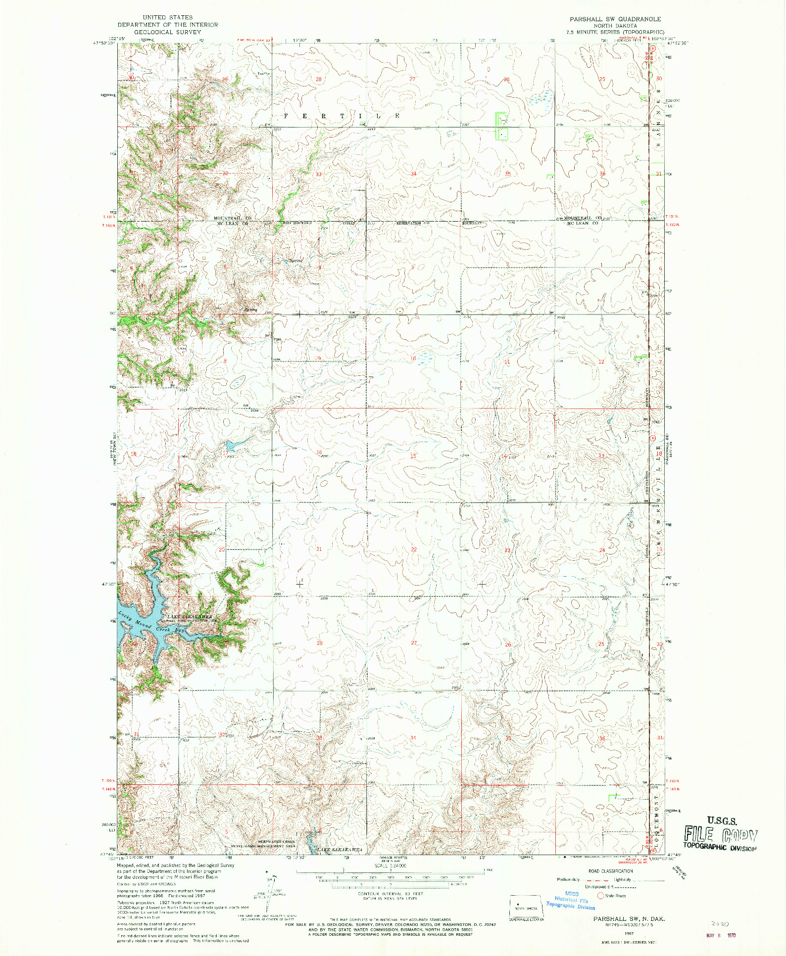 USGS 1:24000-SCALE QUADRANGLE FOR PARSHALL SW, ND 1967