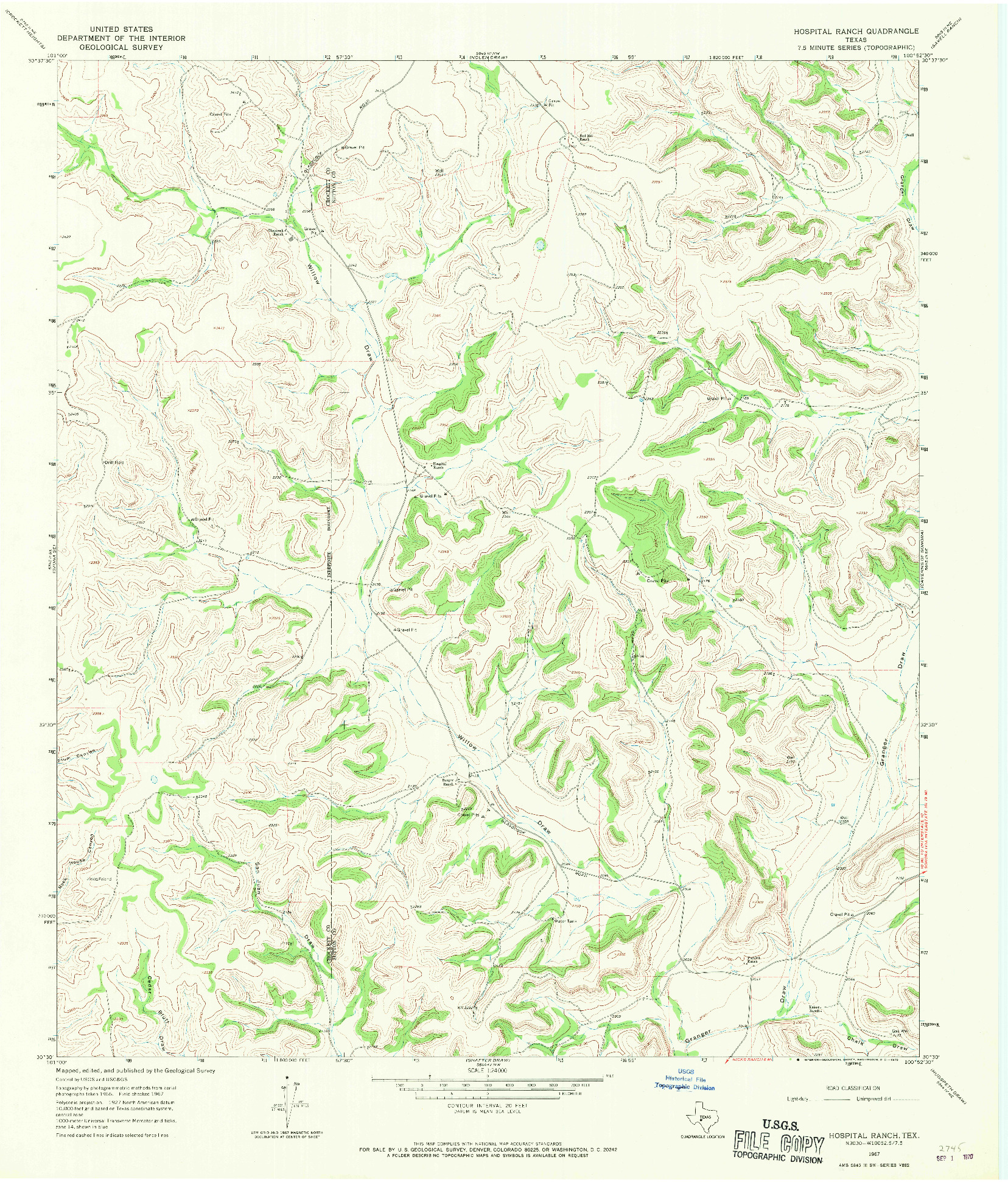 USGS 1:24000-SCALE QUADRANGLE FOR HOSPITAL RANCH, TX 1967