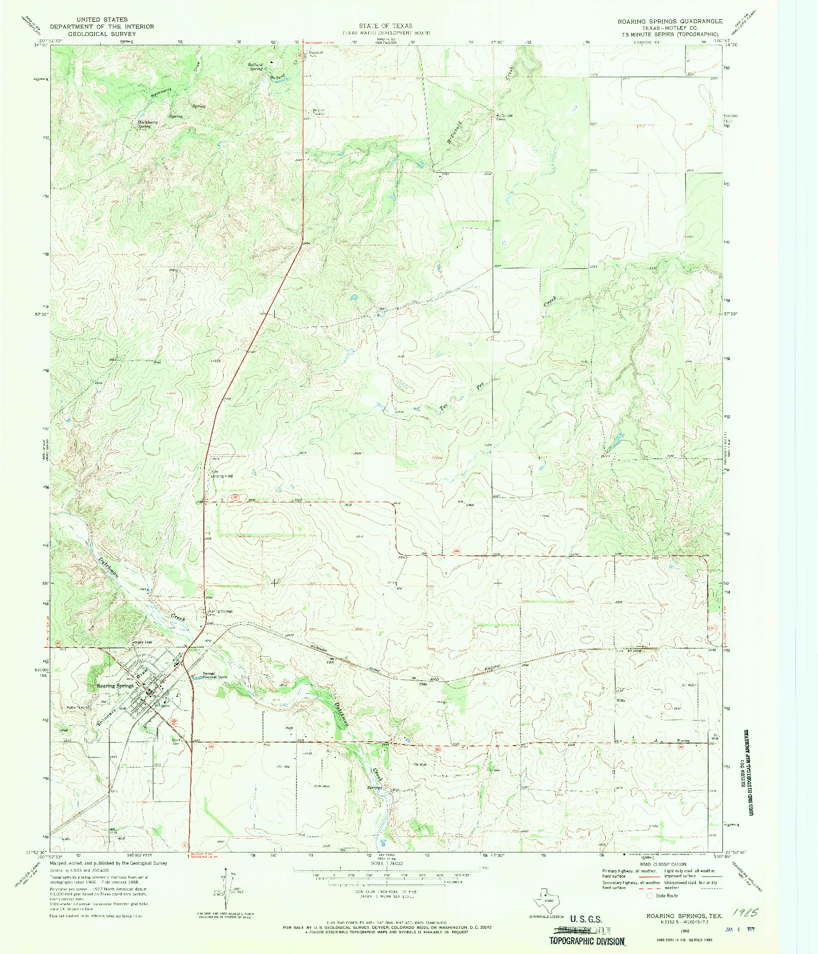 USGS 1:24000-SCALE QUADRANGLE FOR ROARING SPRINGS, TX 1968