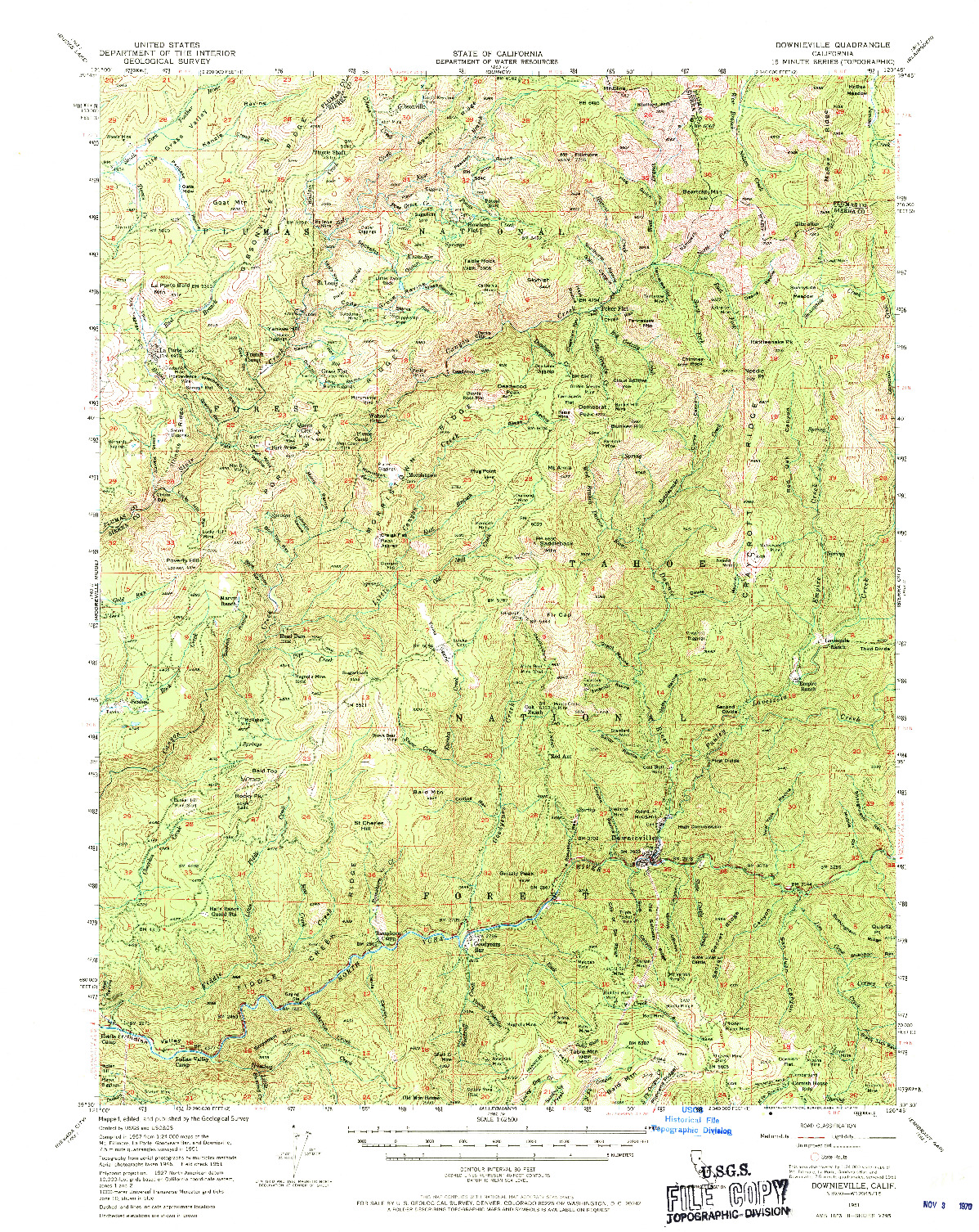 USGS 1:62500-SCALE QUADRANGLE FOR DOWNIEVILLE, CA 1951