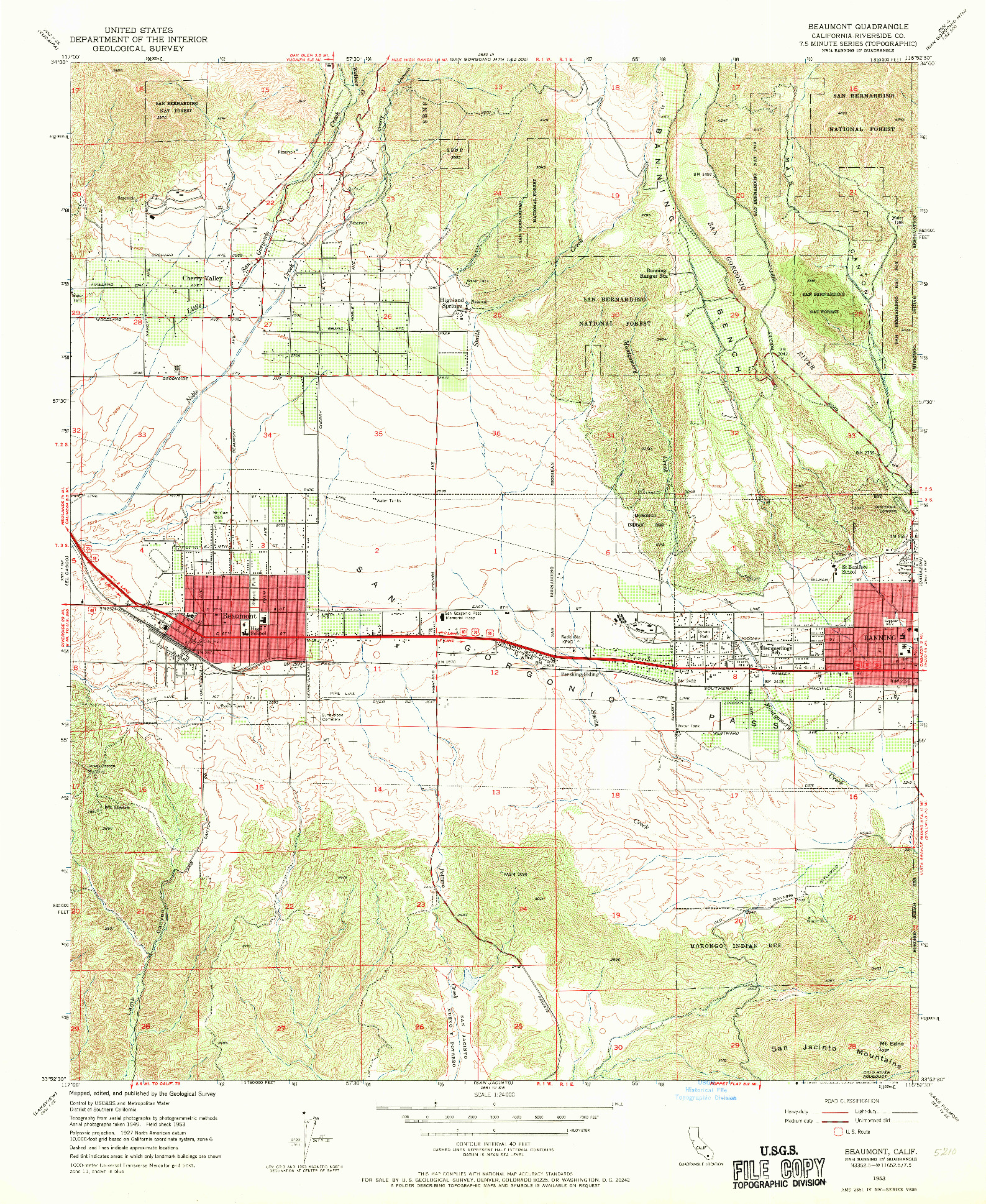 USGS 1:24000-SCALE QUADRANGLE FOR BEAUMONT, CA 1953