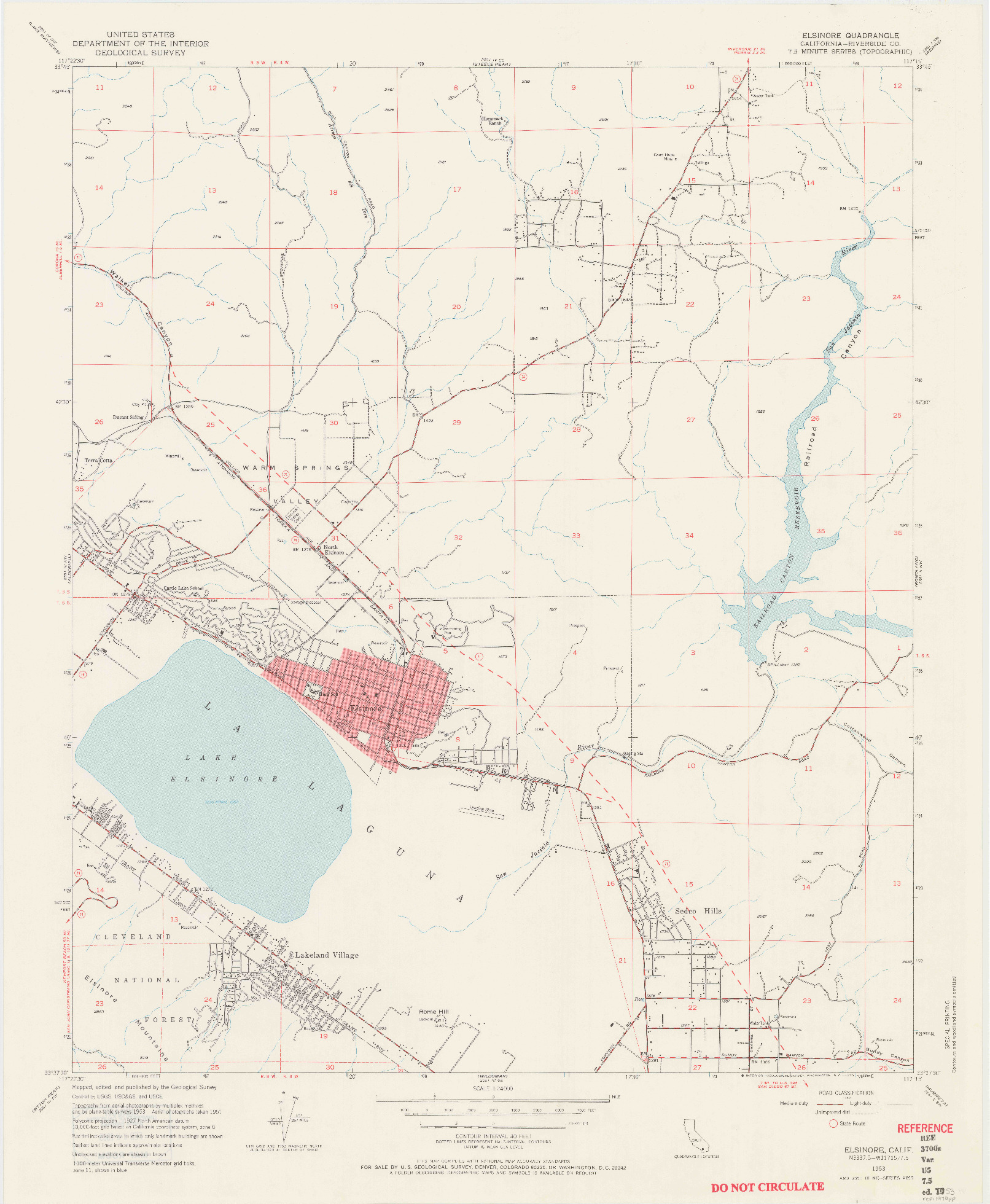 USGS 1:24000-SCALE QUADRANGLE FOR ELSINORE, CA 1953