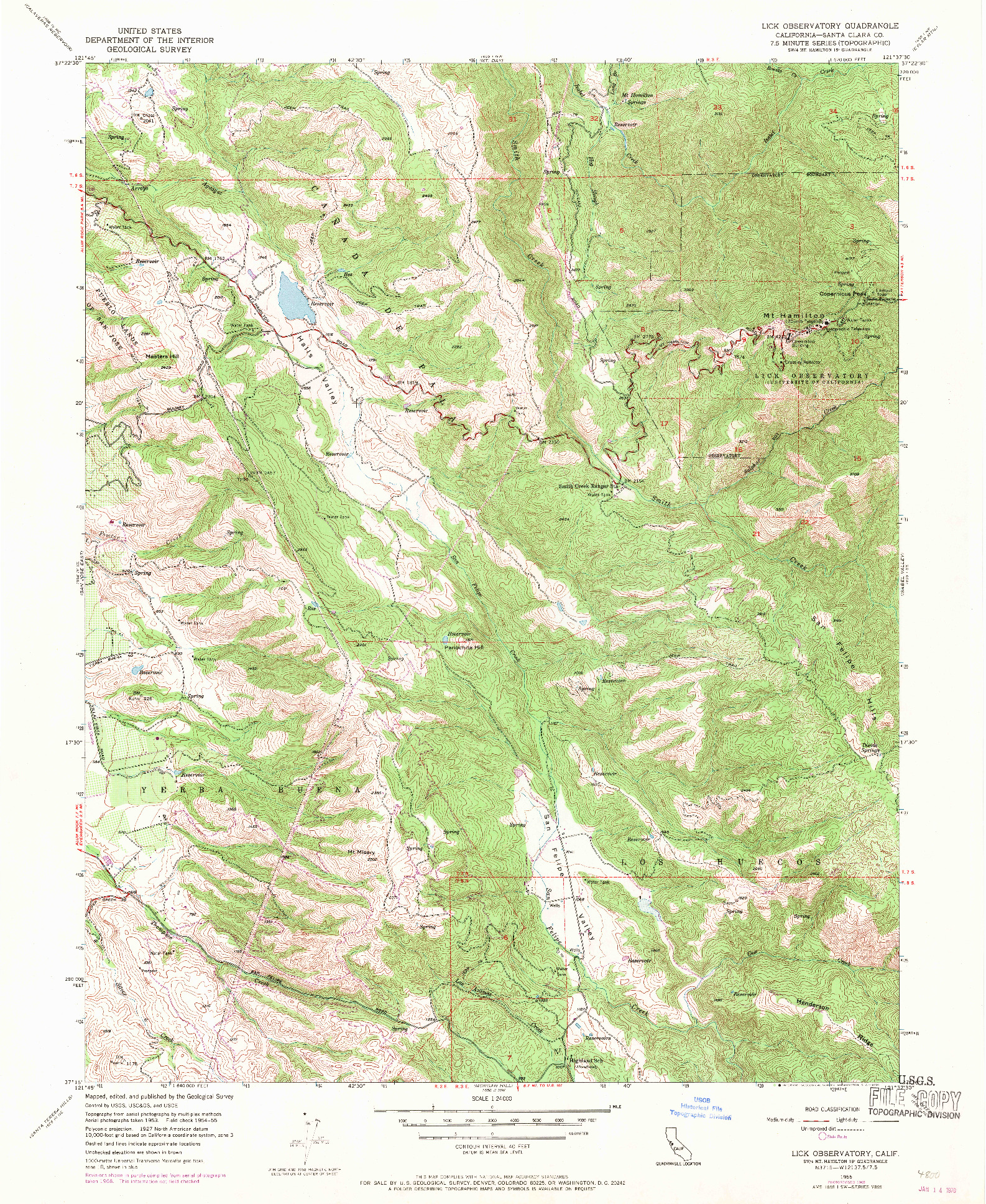 USGS 1:24000-SCALE QUADRANGLE FOR LICK OBSERVATORY, CA 1955