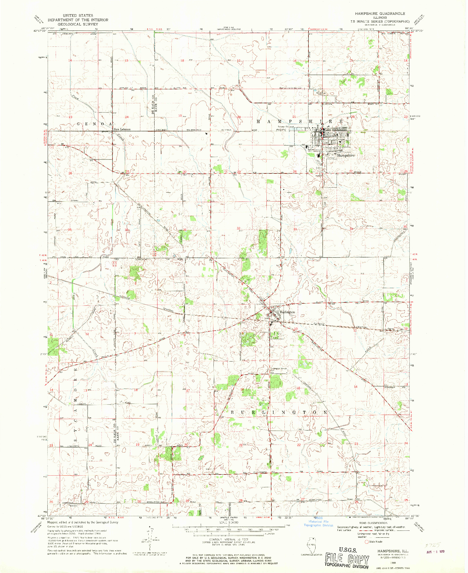 USGS 1:24000-SCALE QUADRANGLE FOR HAMPSHIRE, IL 1968