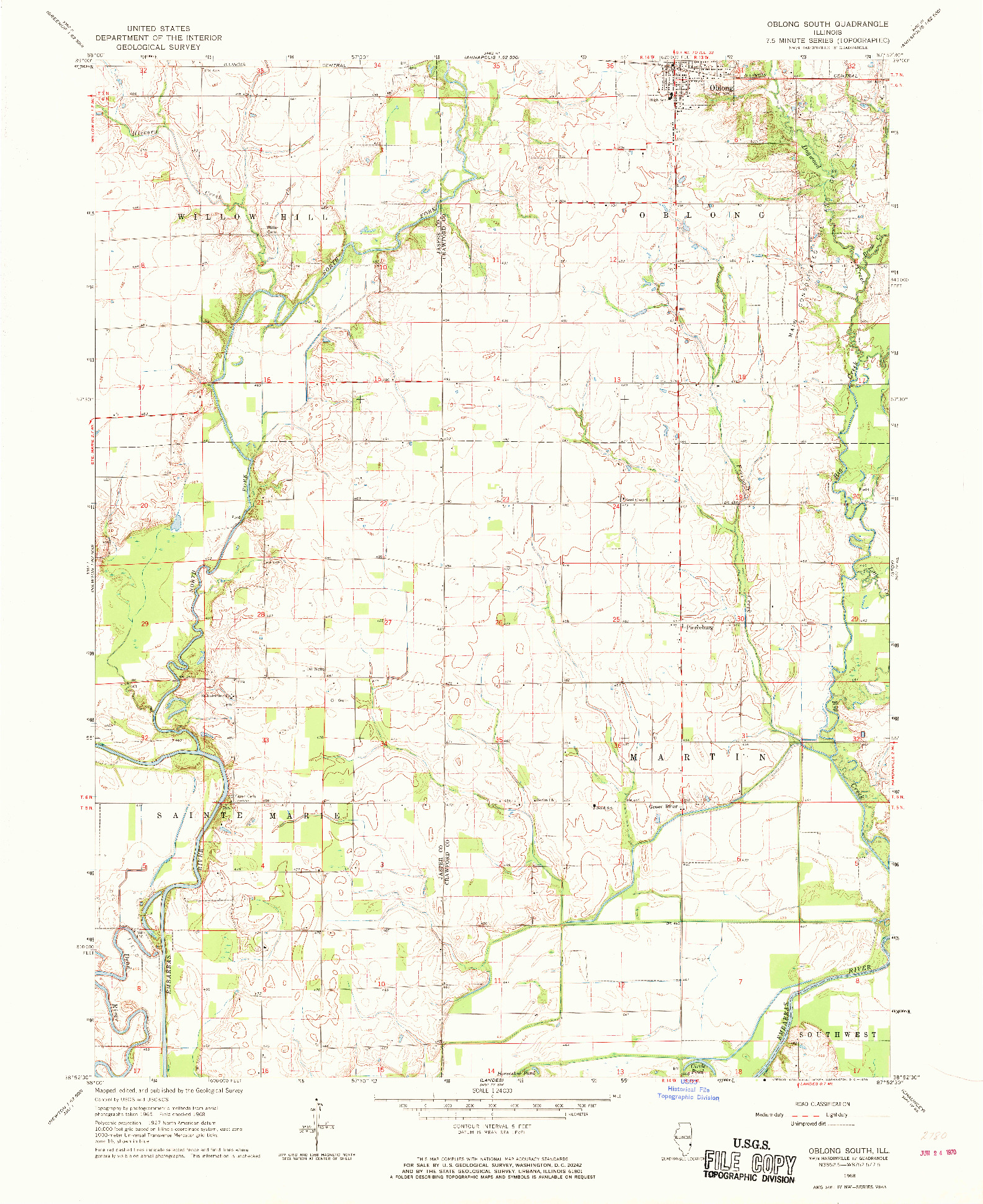 USGS 1:24000-SCALE QUADRANGLE FOR OBLONG SOUTH, IL 1968