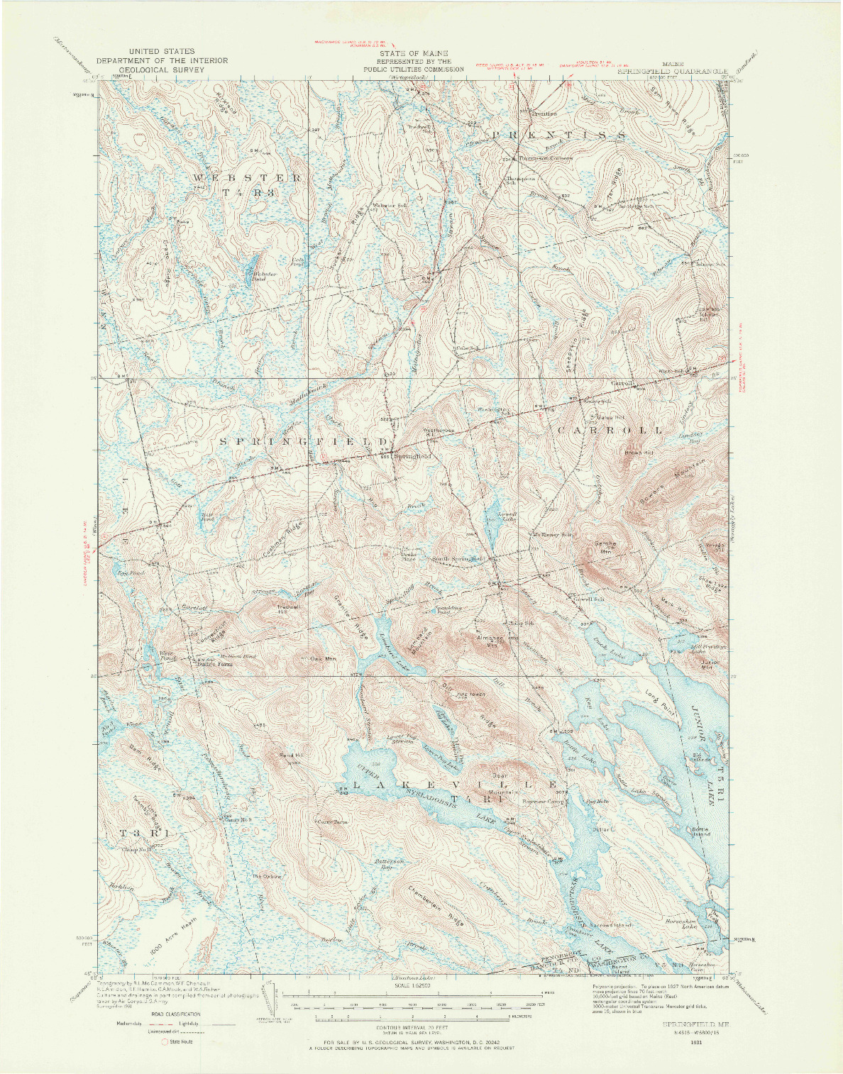 USGS 1:62500-SCALE QUADRANGLE FOR SPRINGFIELD, ME 1931