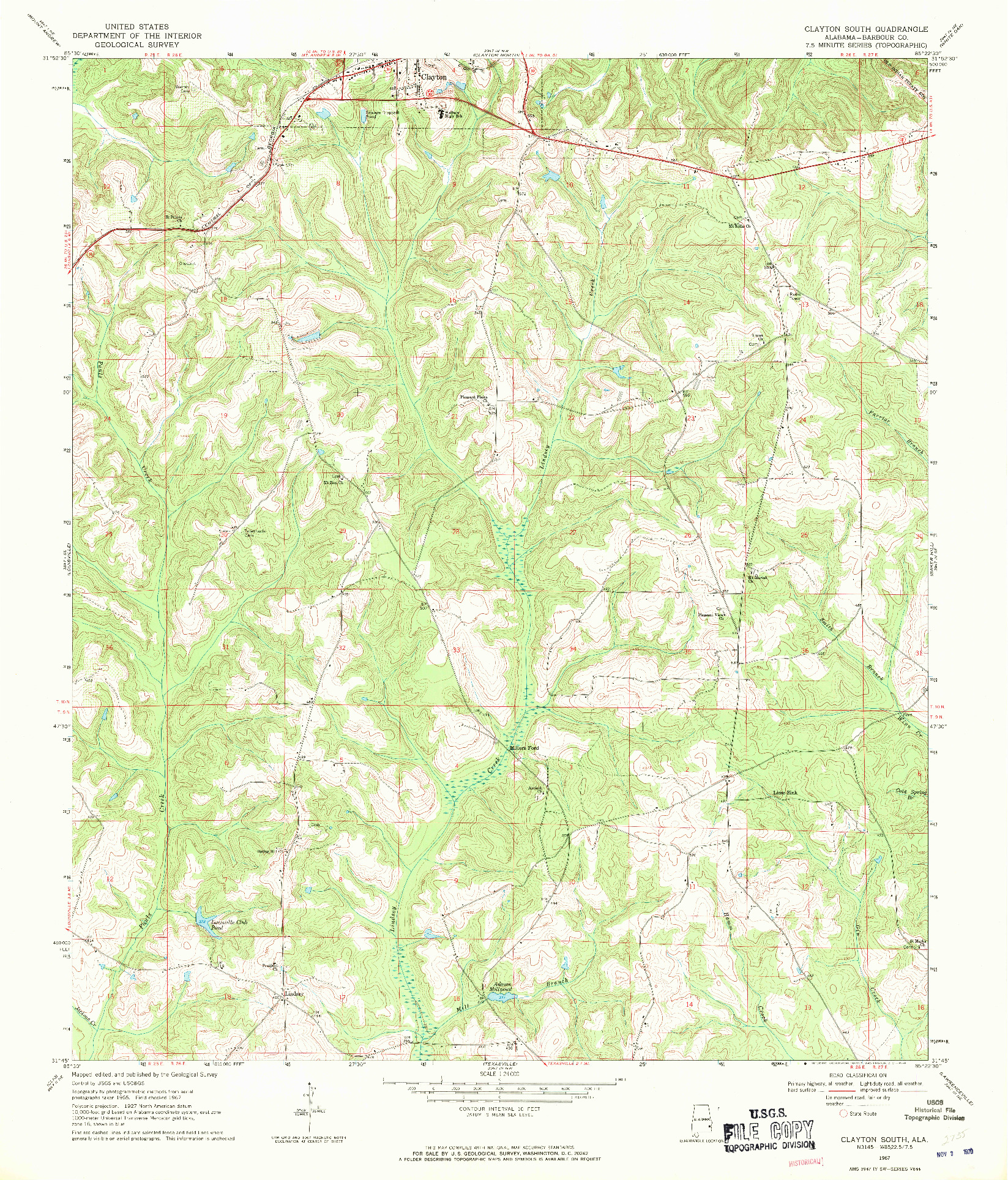 USGS 1:24000-SCALE QUADRANGLE FOR CLAYTON SOUTH, AL 1967