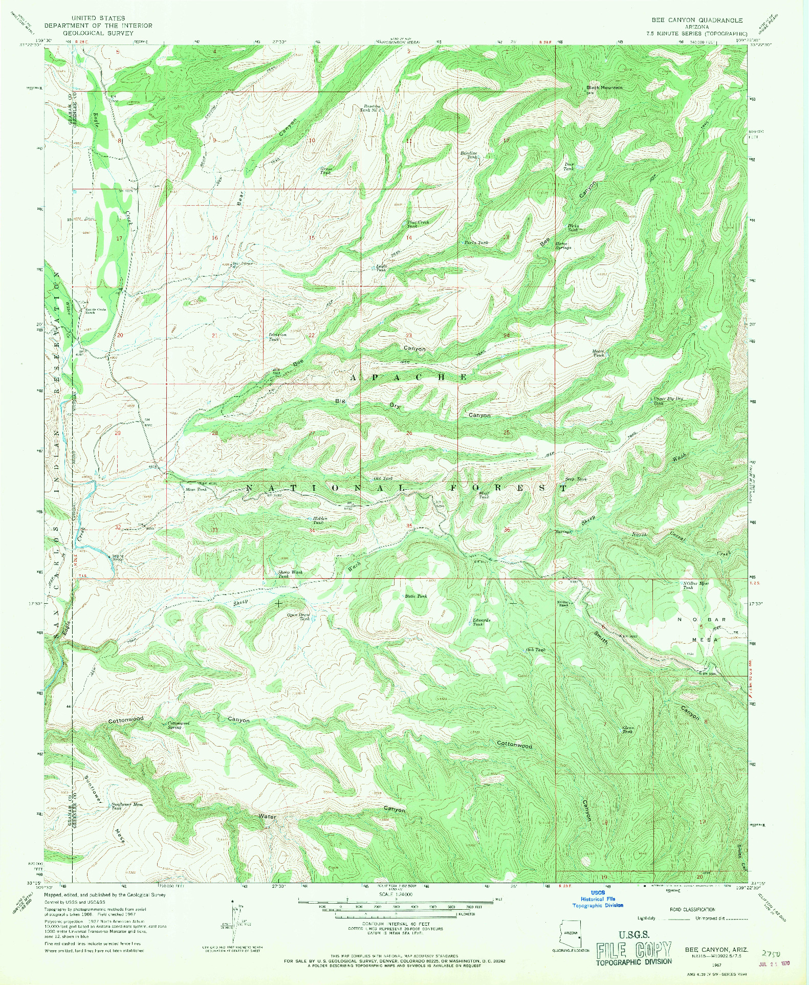 USGS 1:24000-SCALE QUADRANGLE FOR BEE CANYON, AZ 1967