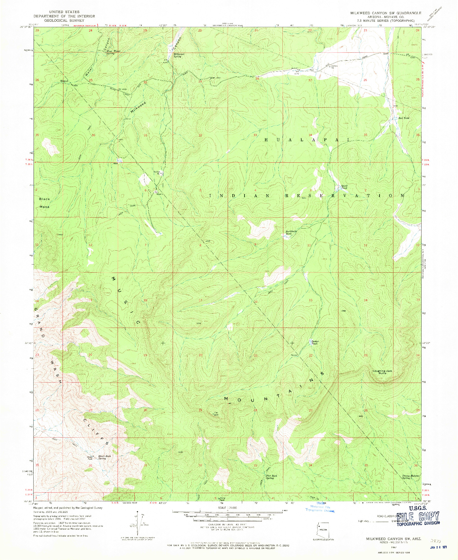 USGS 1:24000-SCALE QUADRANGLE FOR MILKWEED CANYON SW, AZ 1967