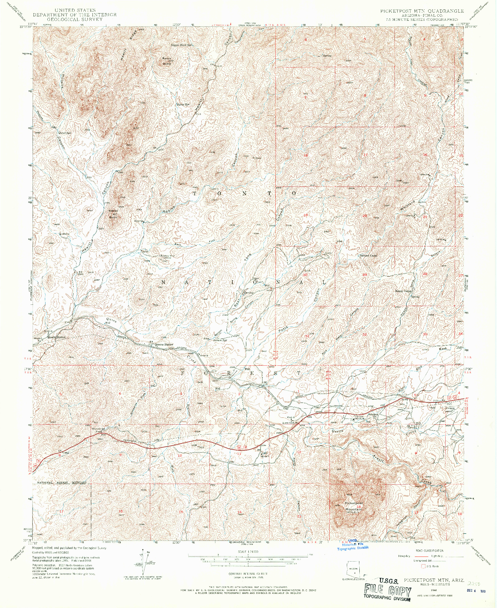 USGS 1:24000-SCALE QUADRANGLE FOR PICKETPOST MTN, AZ 1948