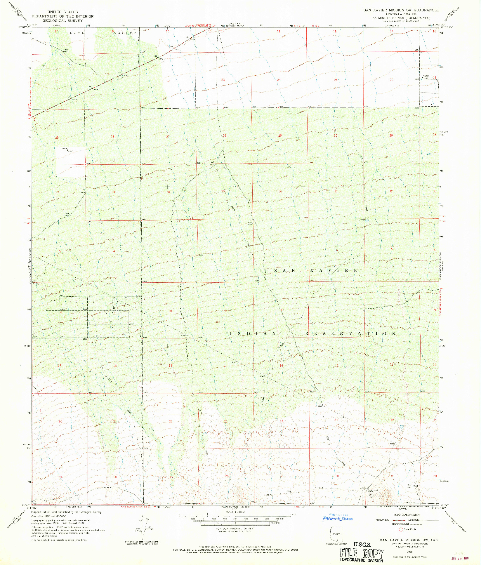 USGS 1:24000-SCALE QUADRANGLE FOR SAN XAVIER MISSION SW, AZ 1968