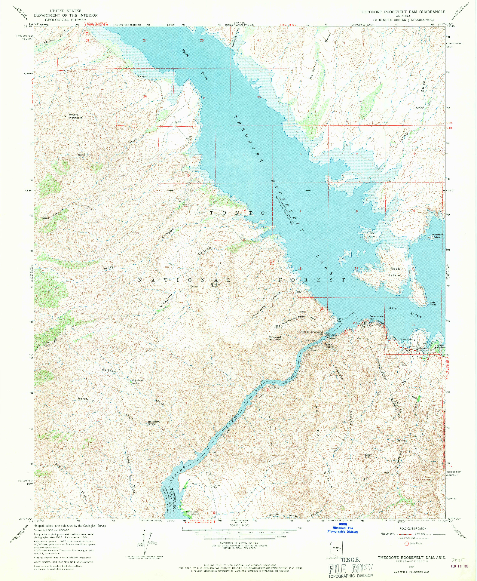 USGS 1:24000-SCALE QUADRANGLE FOR THEODORE ROOSEVELT DAM, AZ 1964