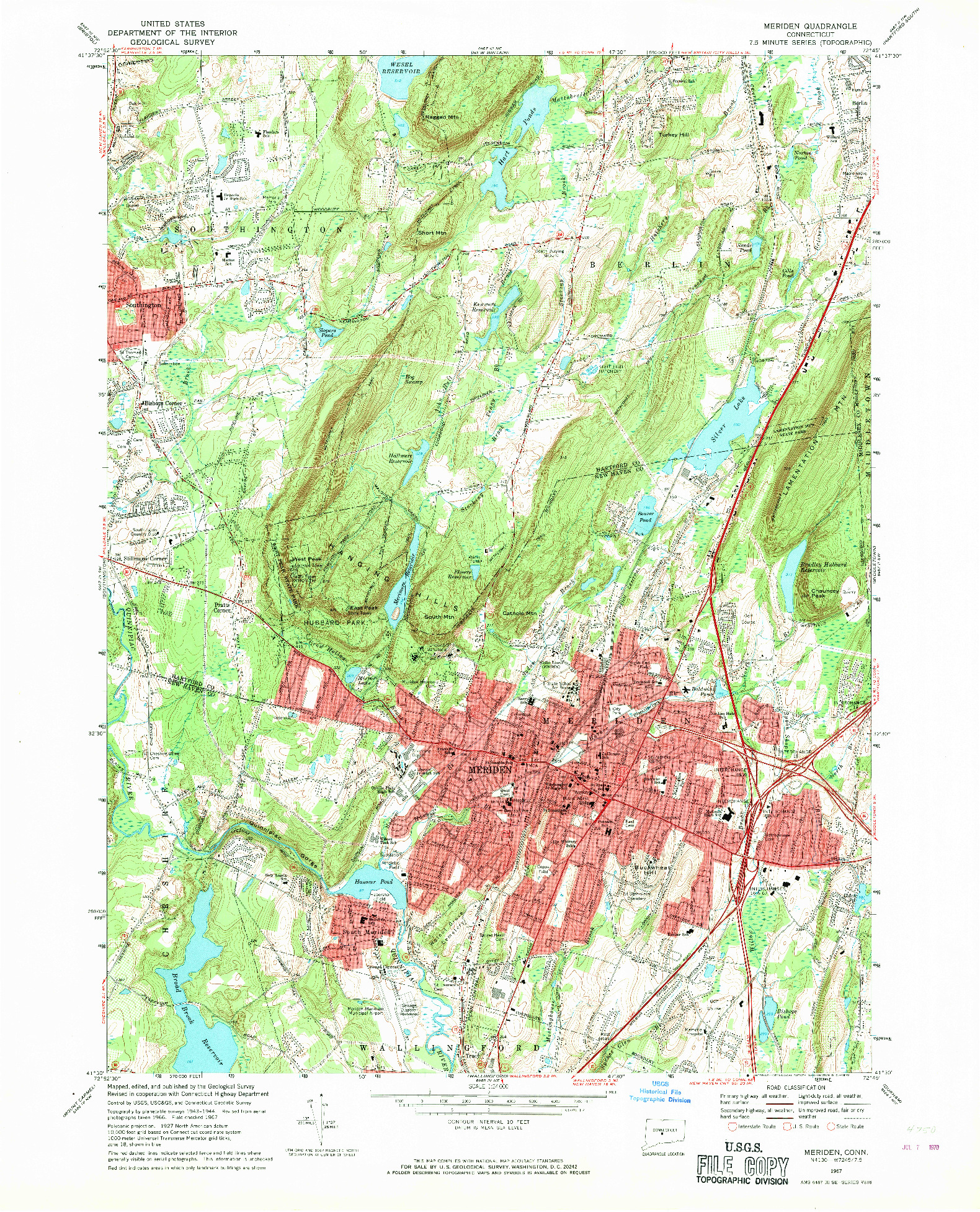 USGS 1:24000-SCALE QUADRANGLE FOR MERIDEN, CT 1967