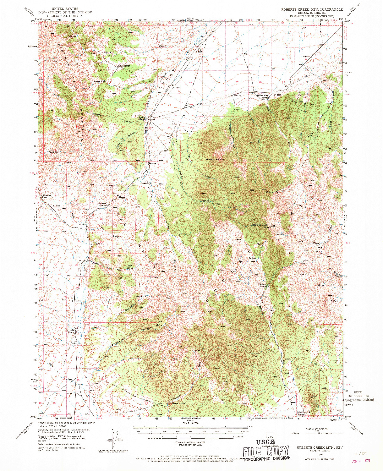 USGS 1:62500-SCALE QUADRANGLE FOR ROBERTS CREEK MTN, NV 1949