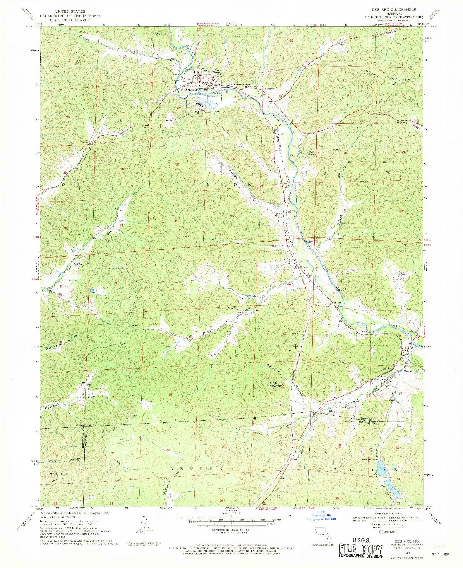 USGS 1:24000-SCALE QUADRANGLE FOR DES ARC, MO 1969