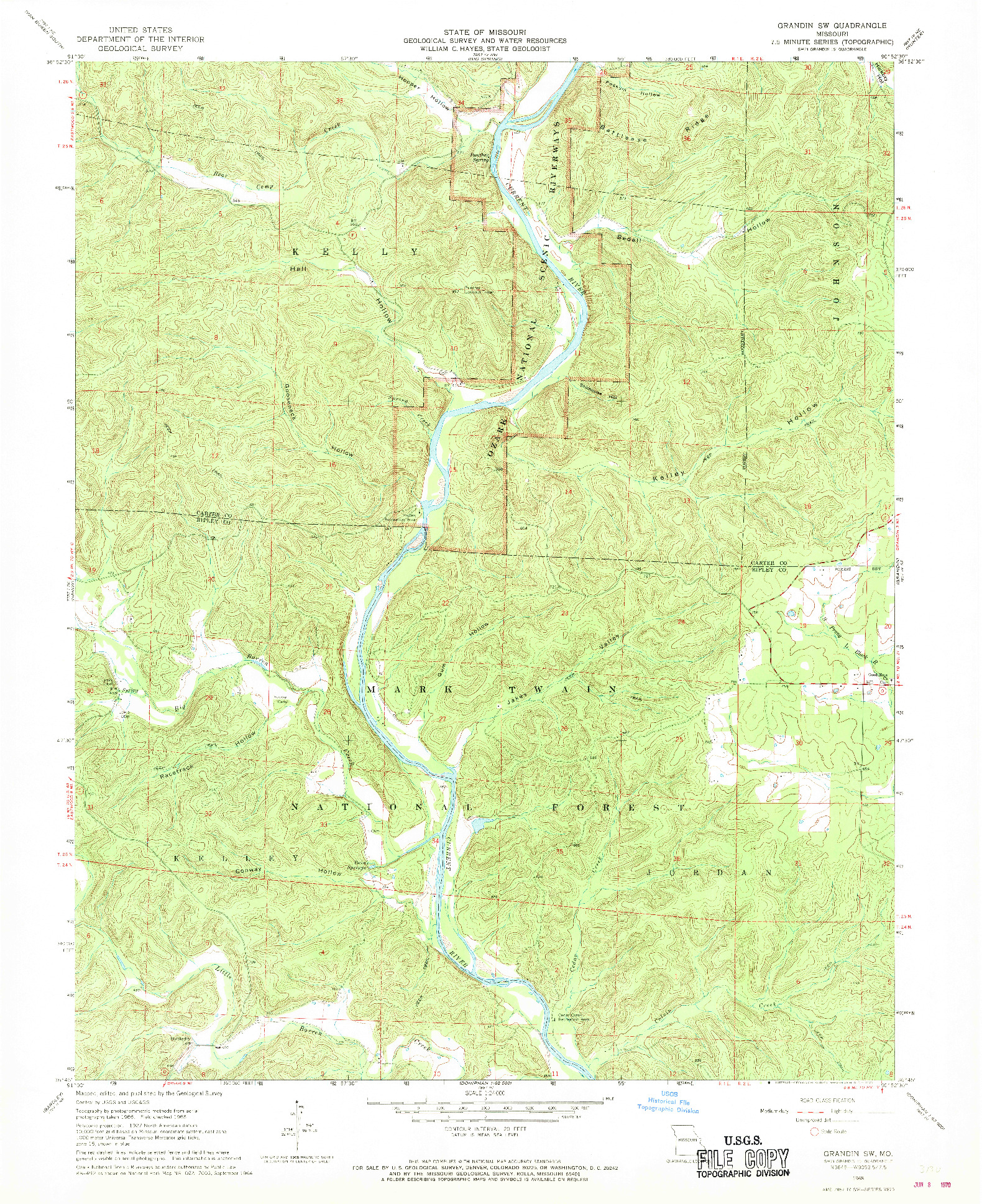 USGS 1:24000-SCALE QUADRANGLE FOR GRANDIN SW, MO 1968