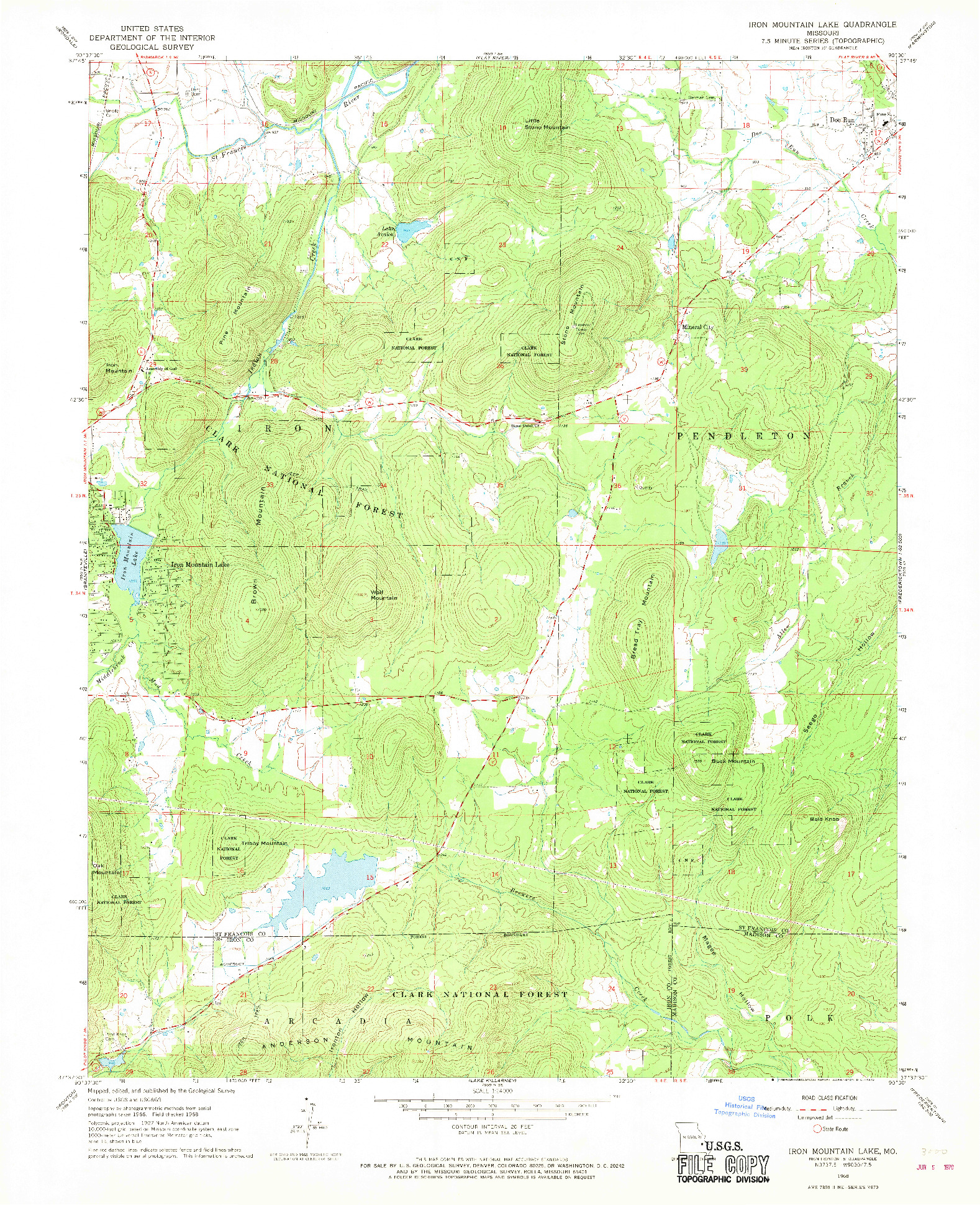 USGS 1:24000-SCALE QUADRANGLE FOR IRON MOUNTAIN LAKE, MO 1968