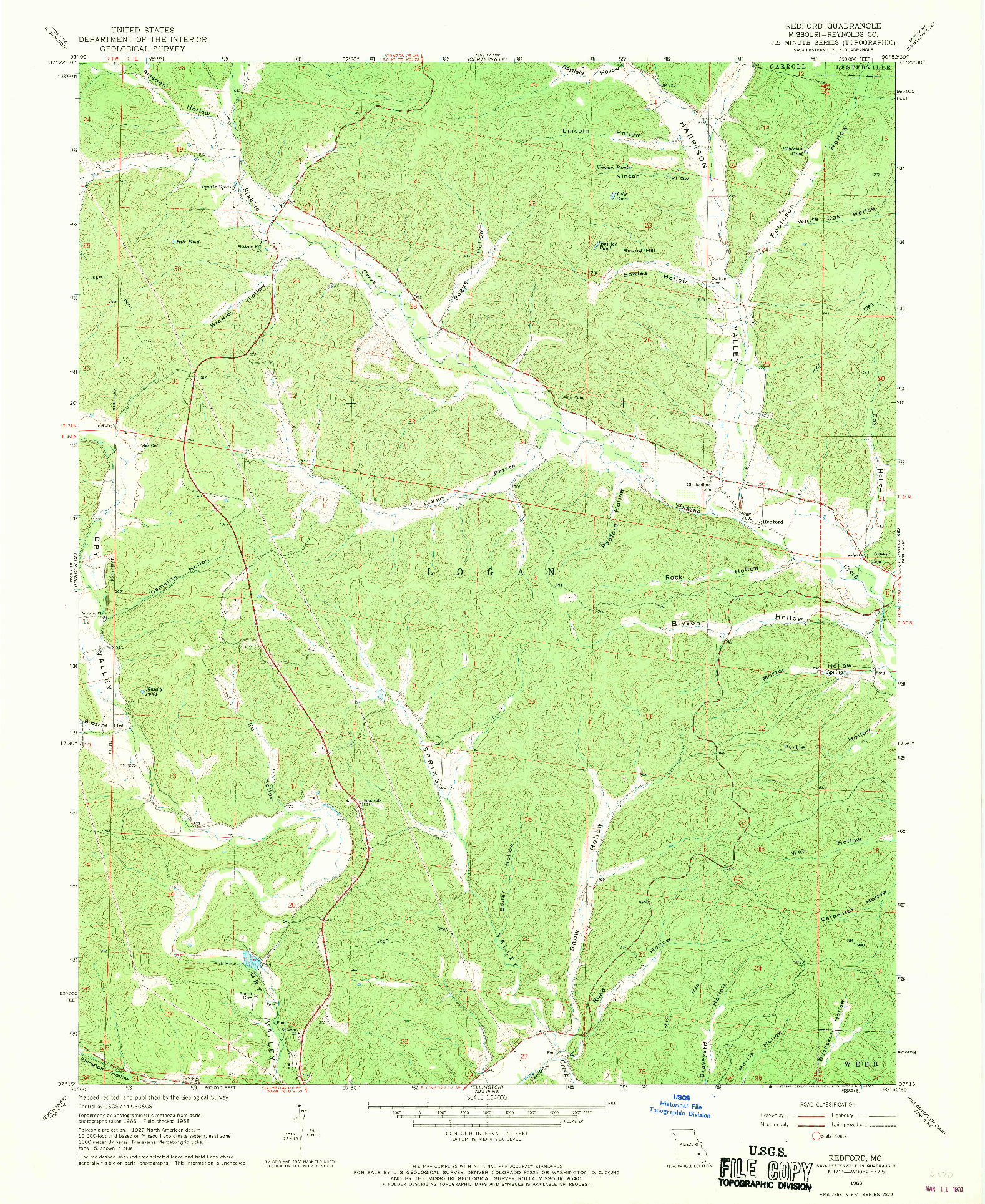 USGS 1:24000-SCALE QUADRANGLE FOR REDFORD, MO 1968