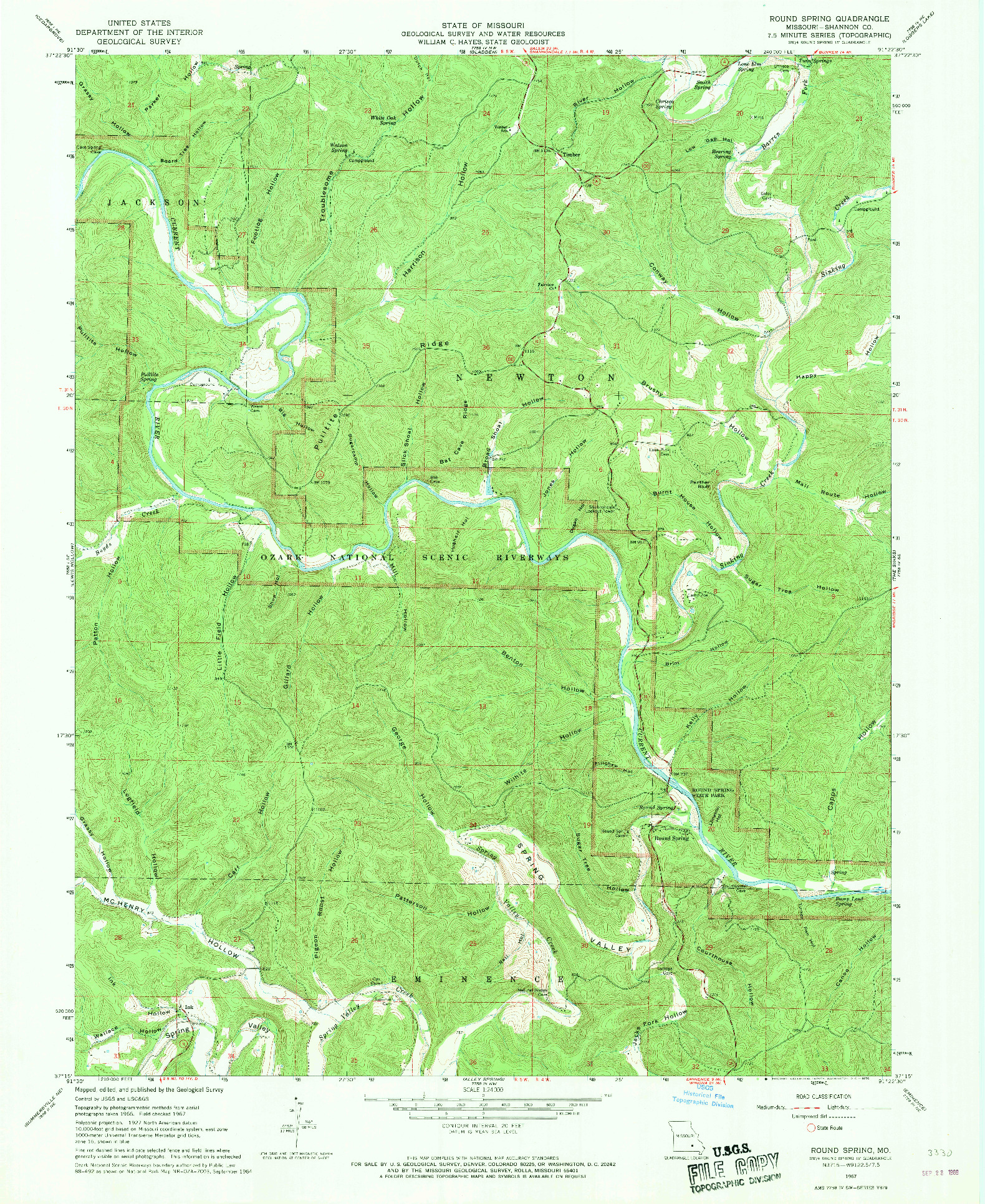 USGS 1:24000-SCALE QUADRANGLE FOR ROUND SPRING, MO 1967