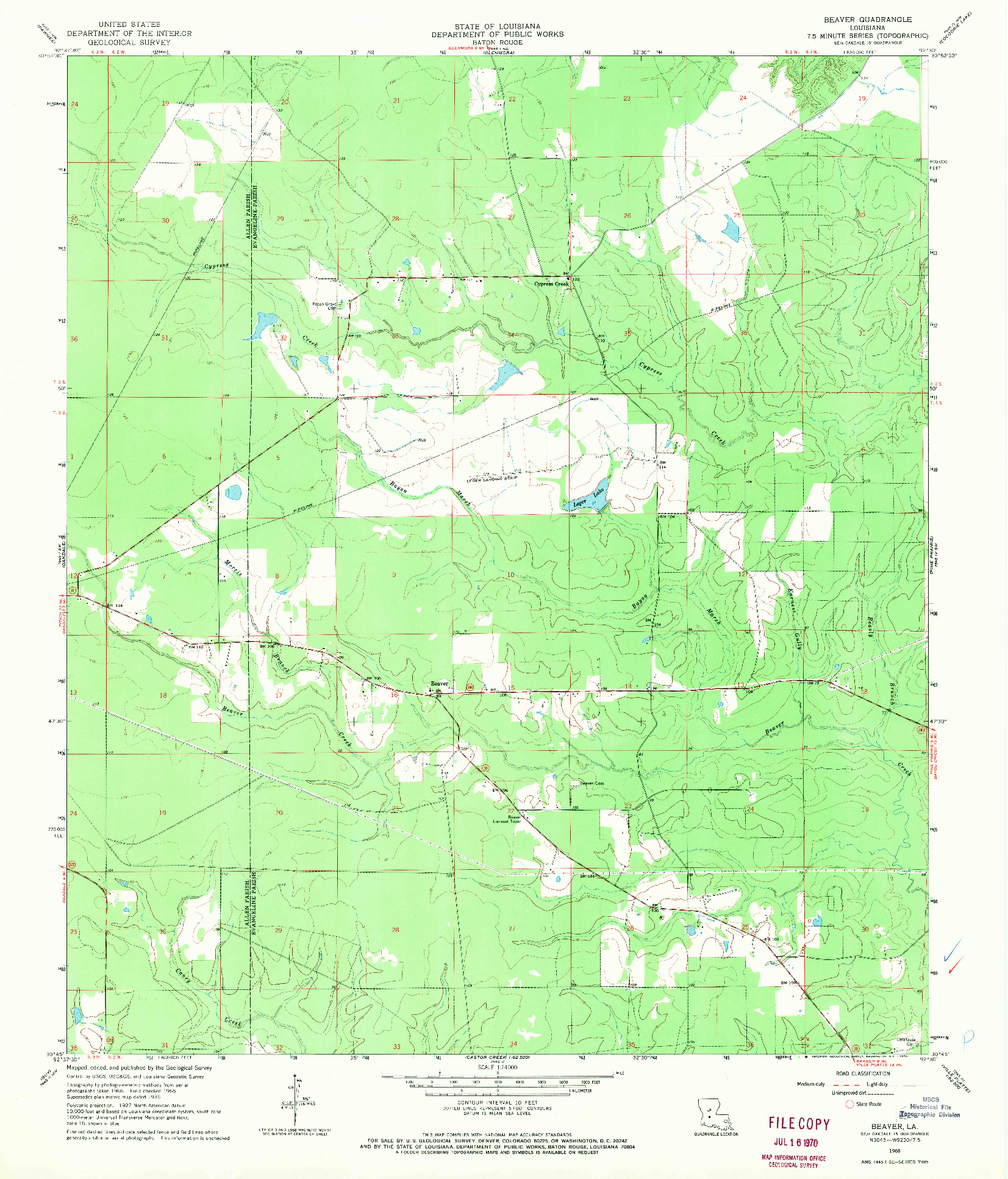 USGS 1:24000-SCALE QUADRANGLE FOR BEAVER, LA 1968